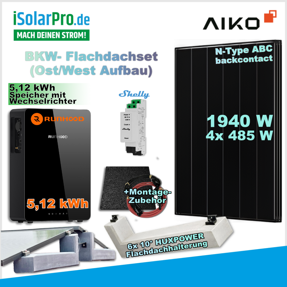 800W | 1940Wp | 5,12kWh RUNHOOD SOMMAR R5200 Flachdach-Balkonkraftwerk-Set: 4× 485W AIKO Neostar 3P+54 + HUX-POWER® 10° Beton-Aufständerung