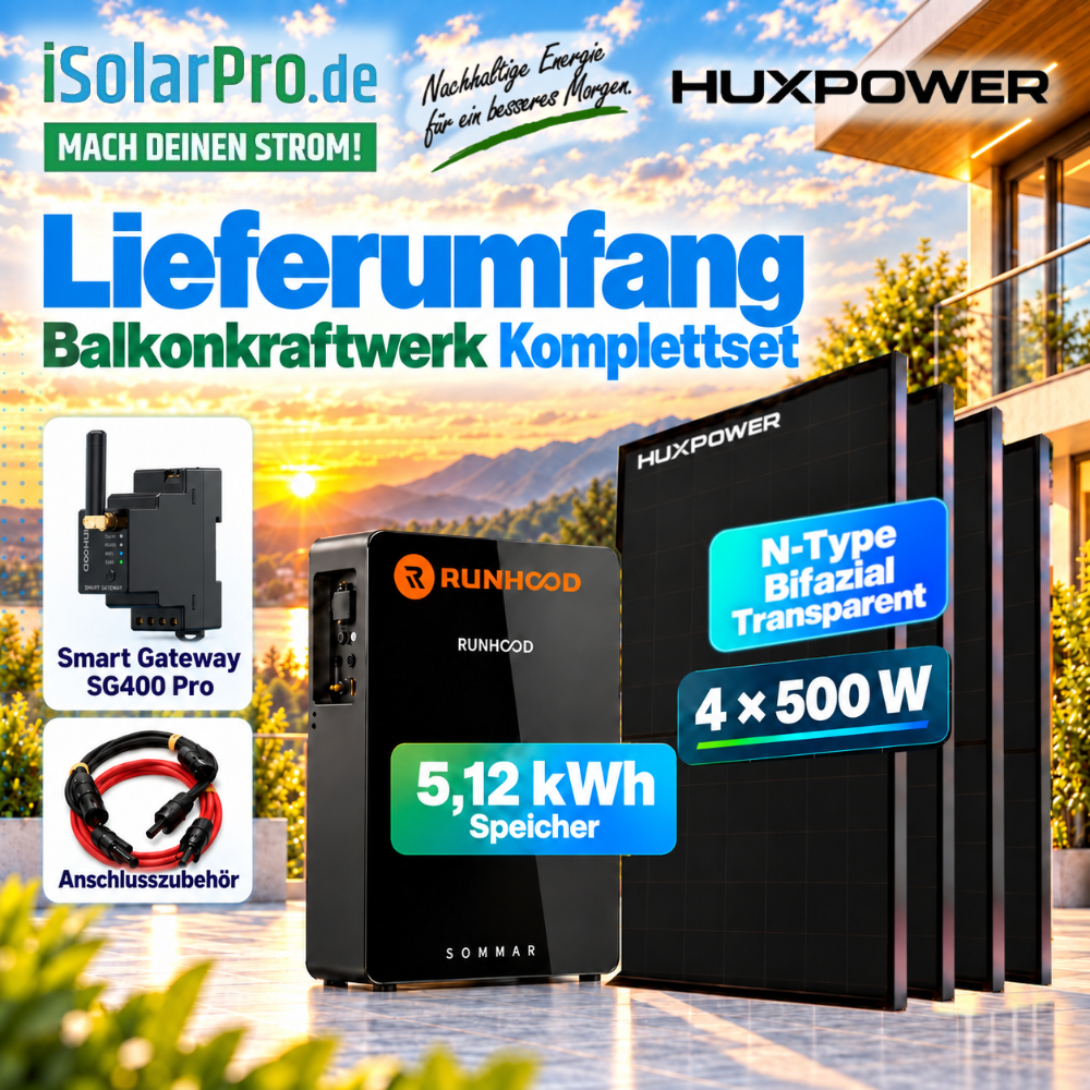 800W (2500W) | 2000Wp | 5,12kWh RUNHOOD SOMMAR R5200 Balkonkraftwerk-Set: 4× 500W HUXPOWER® HPTB500 + Solar-Speicher + Smart Meter