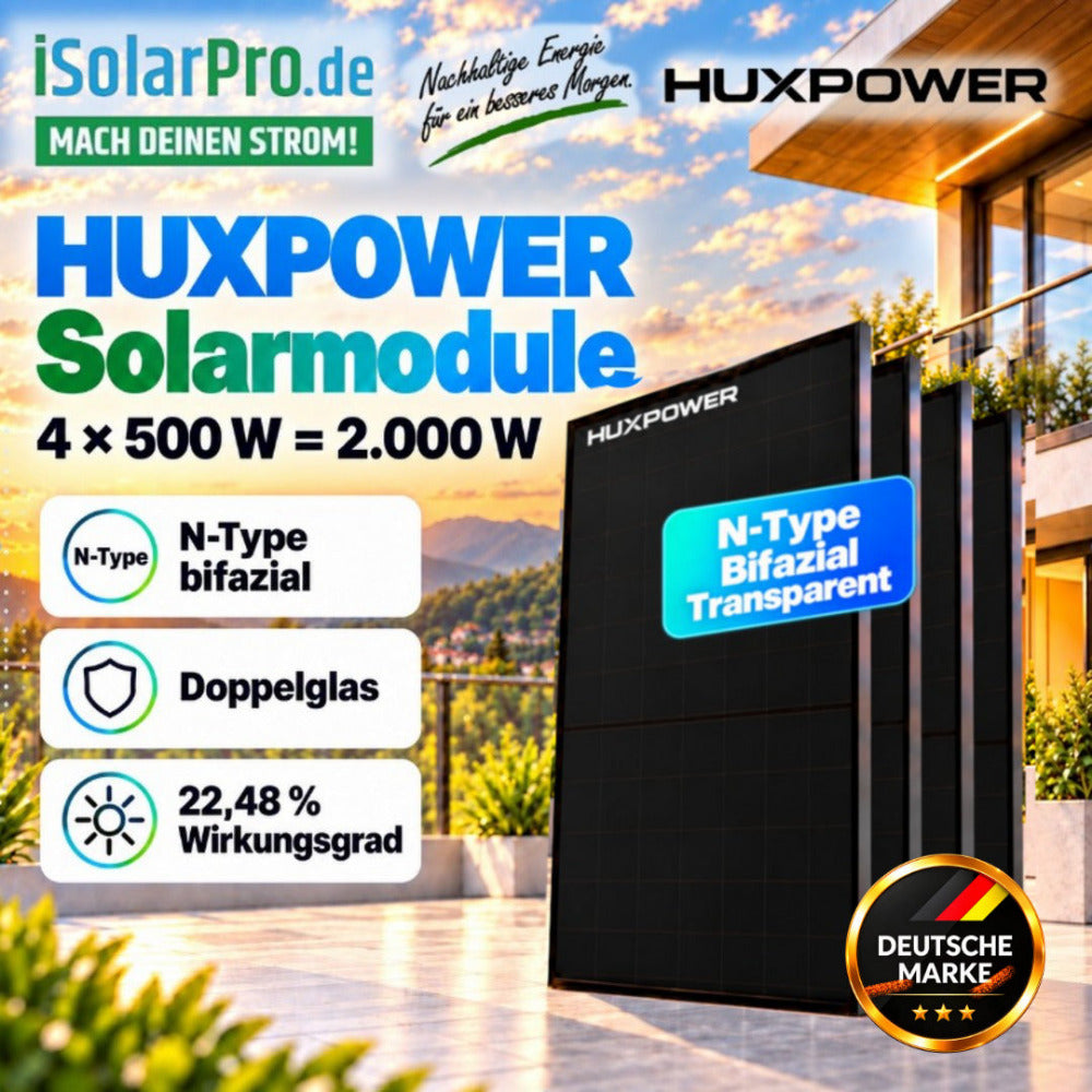 800W | 2000Wp | 5kWh ANKER SOLIX 4 Erweiterbares Balkonkraftwerk-Set: 4x 500W HUXPOWER® HPTB500 Solarmodul + Solarbank 4 E5000 Pro + Smart Meter Gen 2