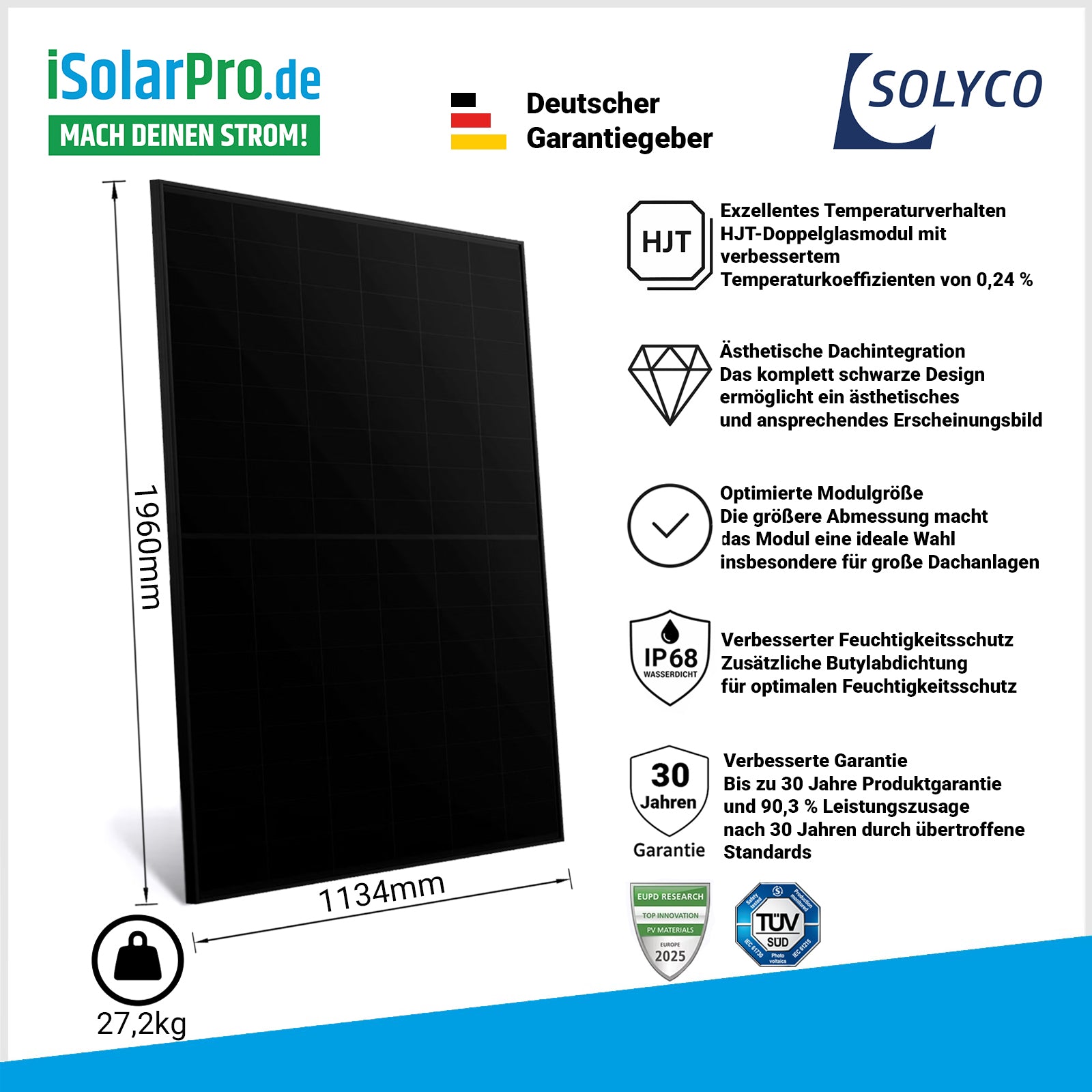 500W SOLYCO R-BG 108h.5/500 Glas/Glas, bifazial, Full-Black, HJT 1960x1134x30mm Solarpanel Solarmodul Photovoltaik