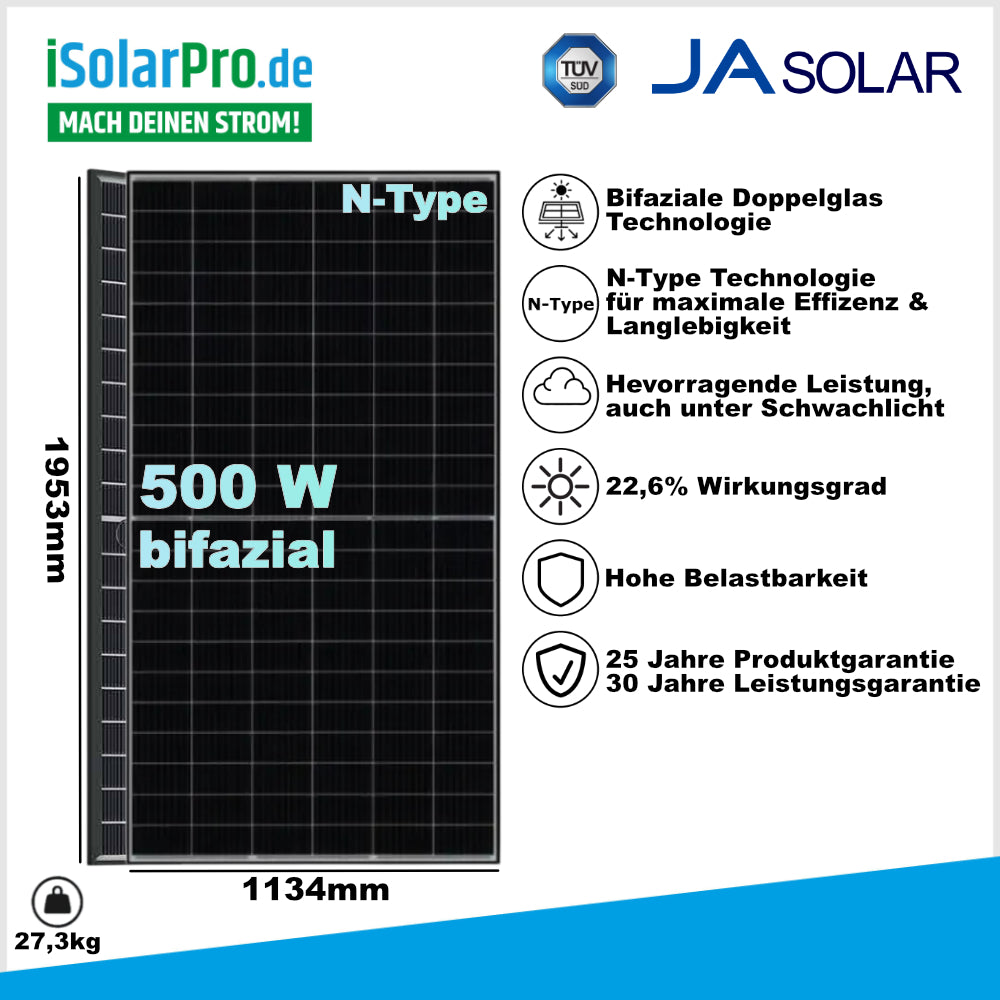 JA Solar JAM60D40 LB – 500 W Solarmodul · N-Type · bifazial · Doppelglas