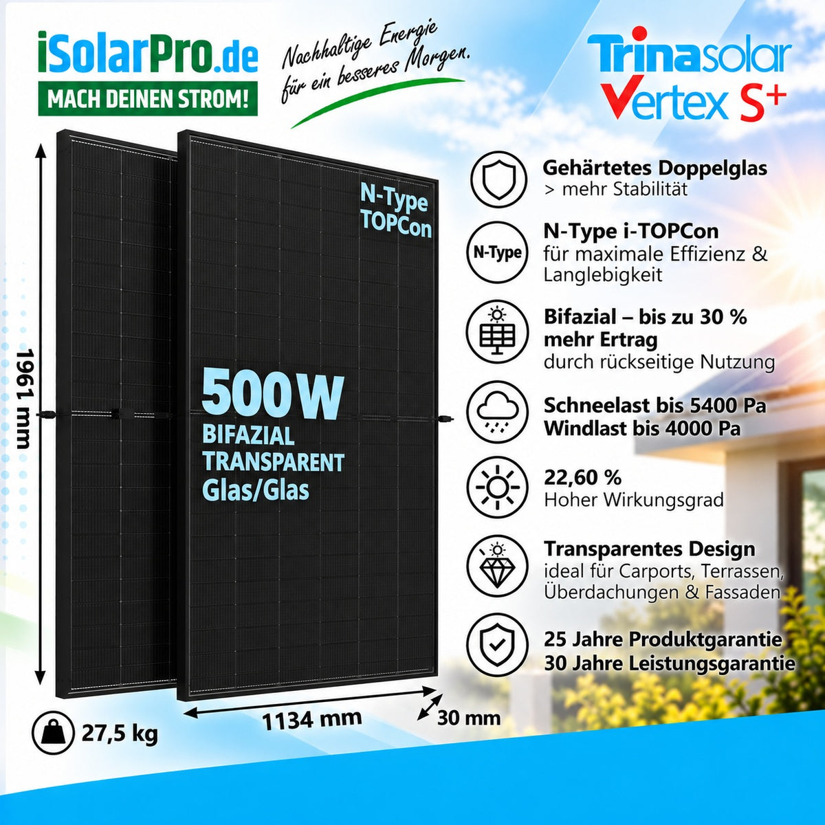500W Trina Solar Vertex S+TSM-NEG18RC.27 BIFAZIAL TRANSPARENT