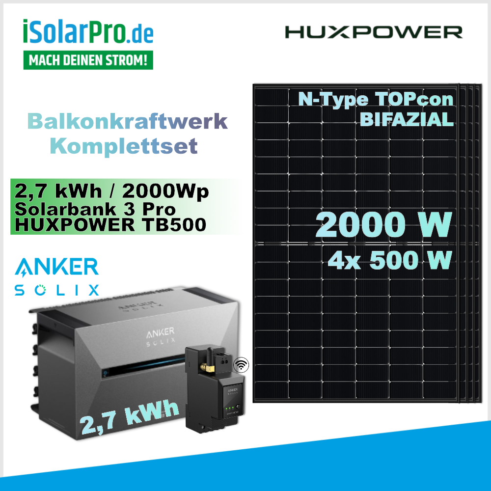 800W | 2000Wp | 2,7kWh ANKER SOLIX 3 Balkonkraftwerk-Set: 4x 500W HUXPOWER® HPTB500 Solarmodul + Solarbank 3 E2700 Pro + Smart Meter