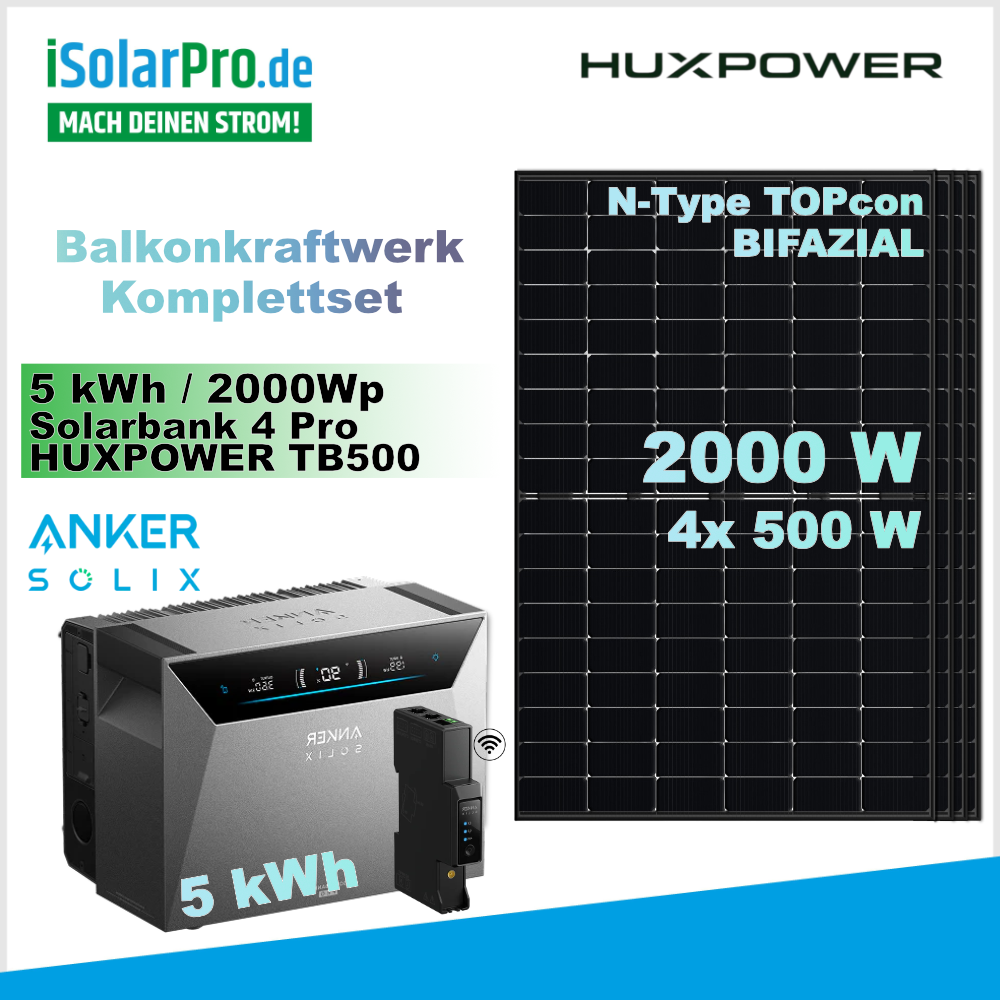 800W | 2000Wp | 5kWh ANKER SOLIX 4 Erweiterbares Balkonkraftwerk-Set: 4x 500W HUXPOWER® HPTB500 Solarmodul + Solarbank 4 E5000 Pro +  Smart Meter Gen 2