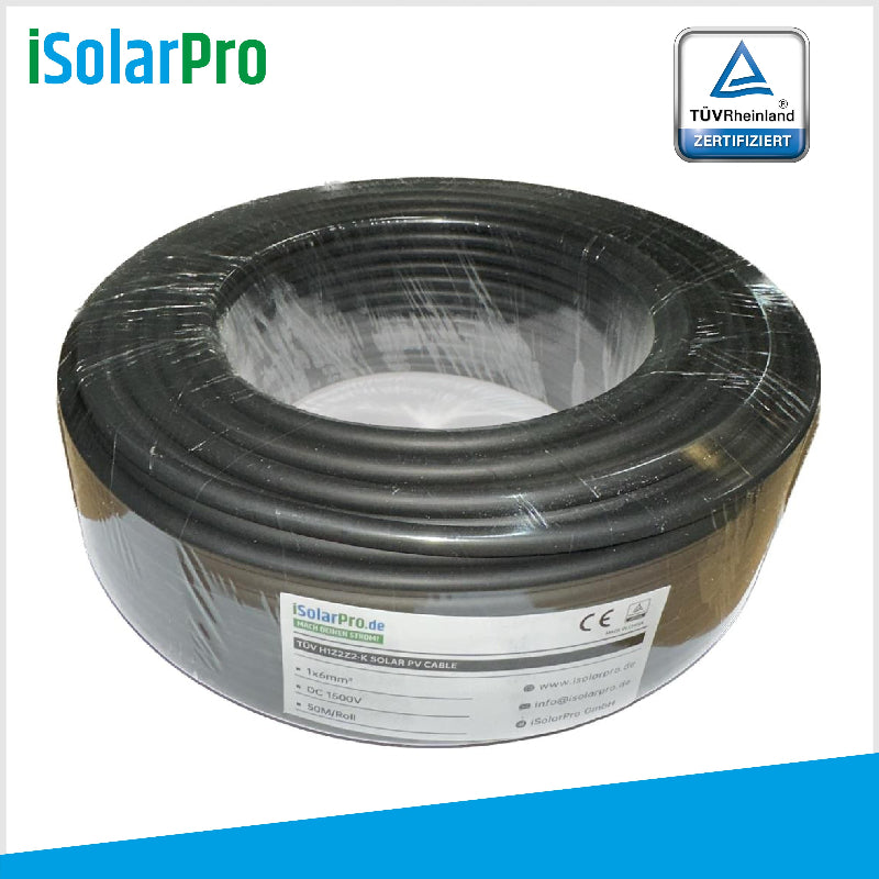 50m ISOLARPRO Solarkabel 6 mm² Photovoltaik Kabel für PV Anlagen schwarz