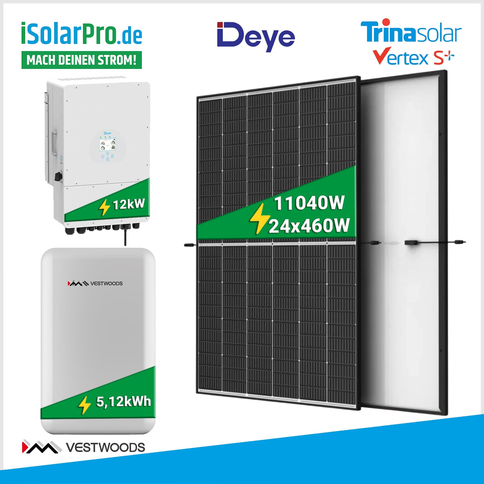 12kW PV-Anlage Komplettpaket inkl. Anmeldung & Montage: 24x 460W Trina Vertex S+ + Deye 12kW Hybridwechselrichter + Vestwoods 5,12kWh Speicher inkl. Montagematerial, Montage + Anmeldung