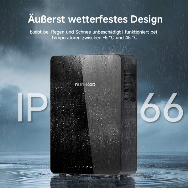 800W (2500W) | 1000Wp | 5,12kWh RUNHOOD SOMMAR R5200 Balkonkraftwerk-Set: 2× 500W HUXPOWER® HPTB500 + Solar-Speicher + Shelly Pro 3EM