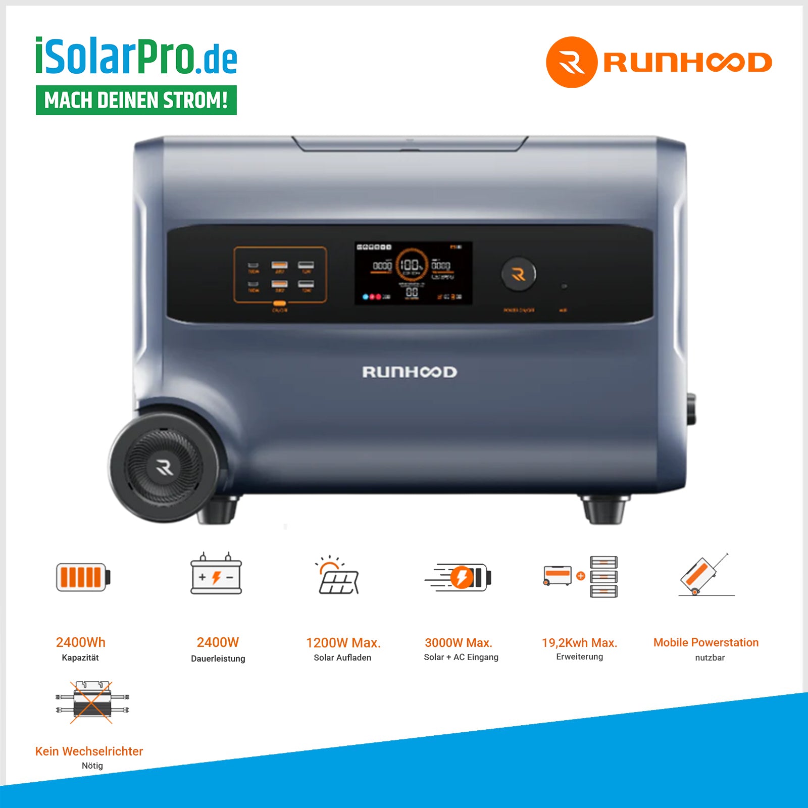 2,4 kWh RUNHOOD F2400 Balkonkraftwerk Solar-Speicher mit integriertem Mikro-Wechselrichter Batterie Portable Power Station