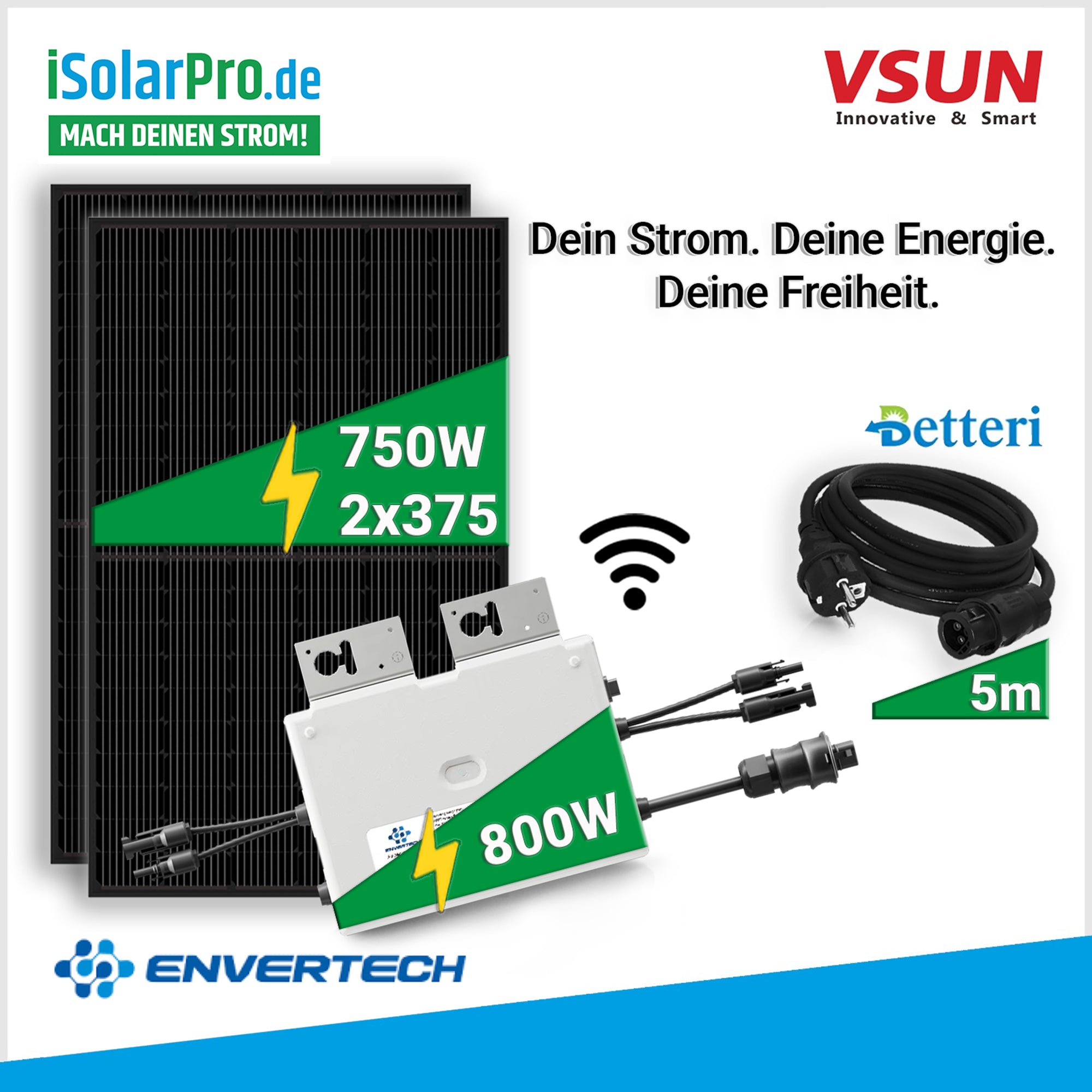 750W Balkonkraftwerk Set – 2× VSUN 375W Full Black Module · 800W Envertech Mikro-Wechselrichter · 5 m Anschlusskabel