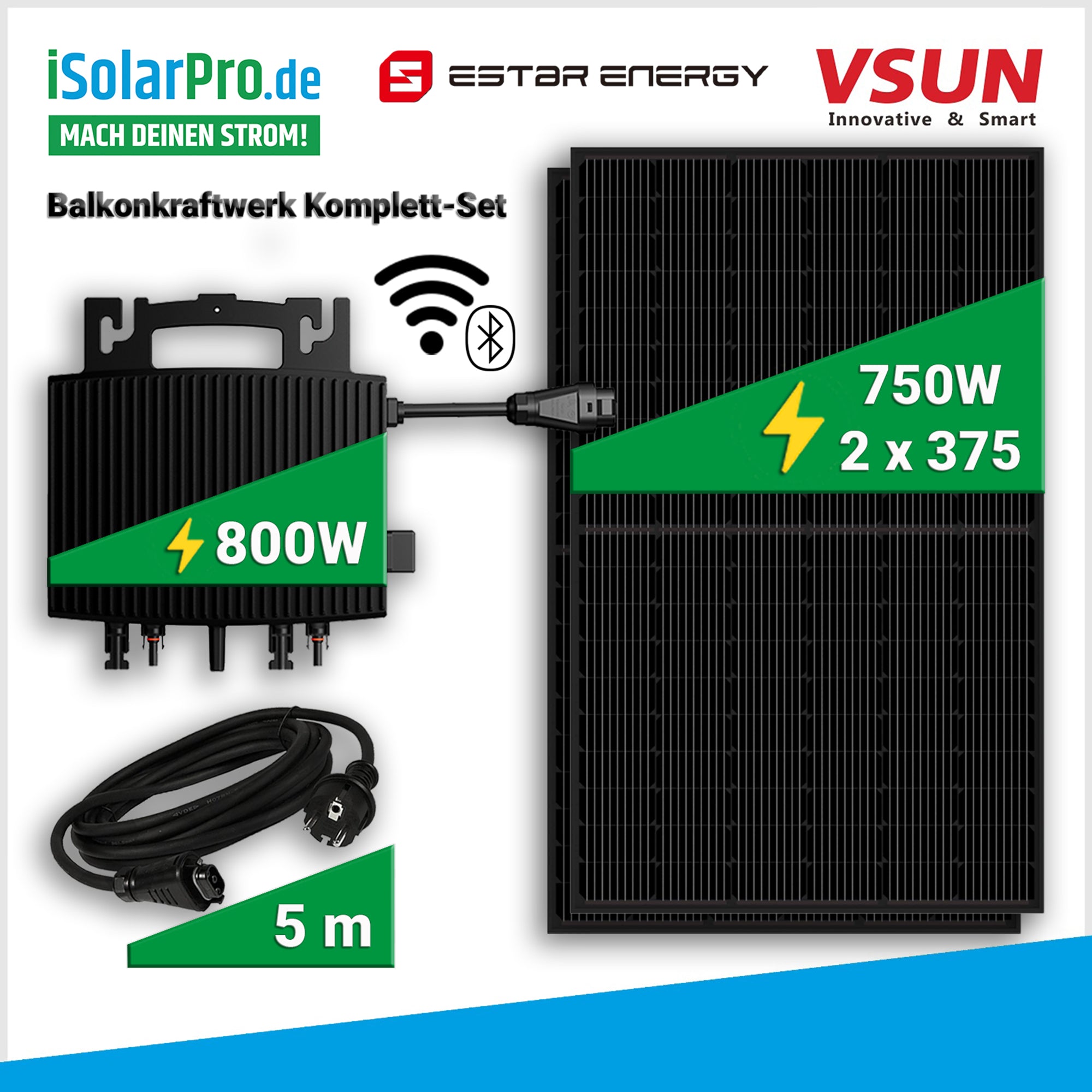 750W Balkonkraftwerk Set: 2× VSUN 375W Solarmodule + ESTAR ENERGY ES-800W Mikroinverter