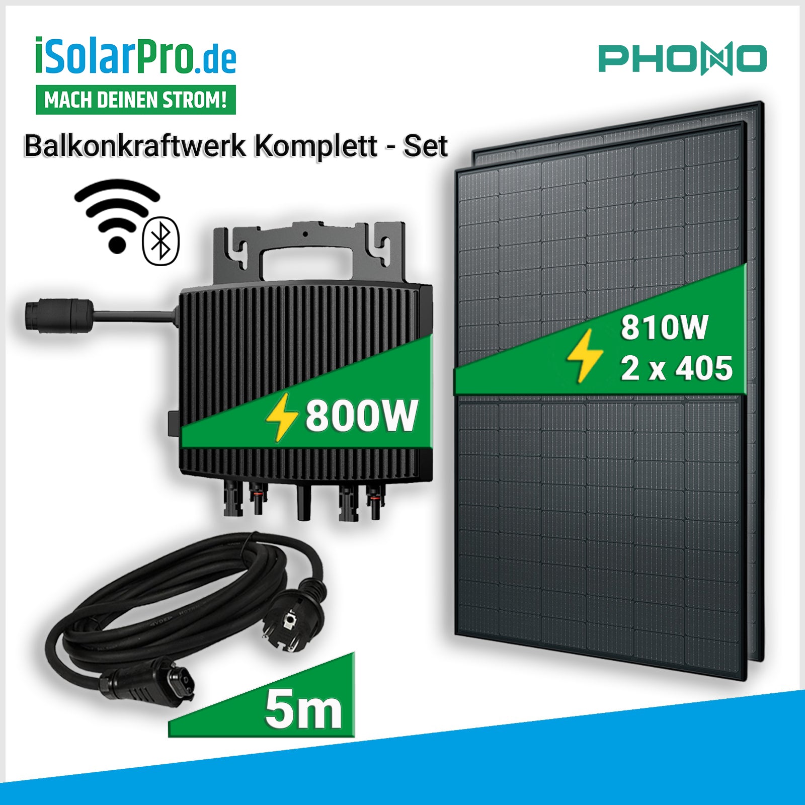 800W Balkonkraftwerk Set 1x ESTAR ENERGY ES-800-W Mikro Wechselrichter + 2x 405W PHONO Solarmodule