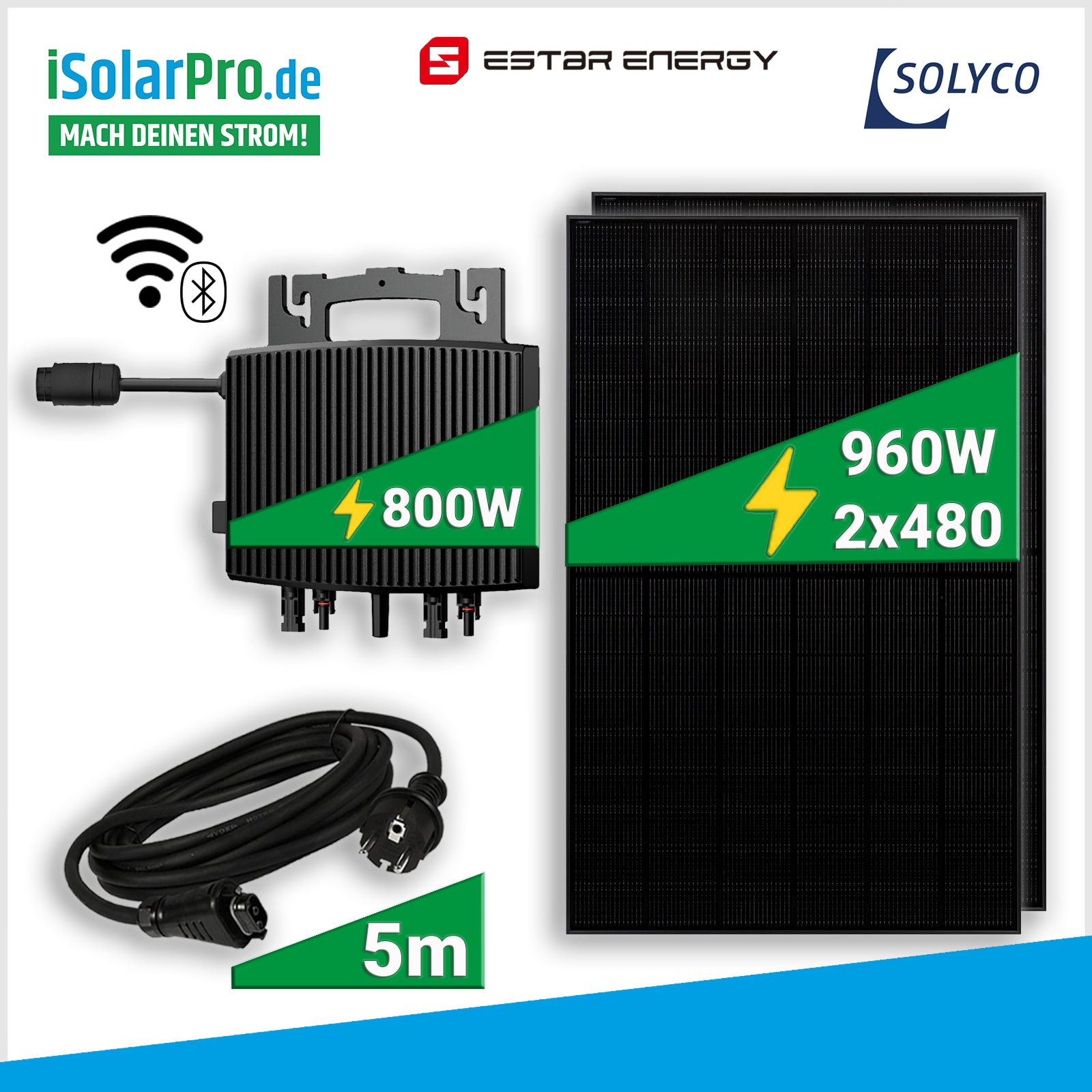 960W Premium Balkonkraftwerk Set mit 2× SOLYCO 480 W Full Black Modulen + ESTAR ENERGY ES-800-W Mikro-Wechselrichter