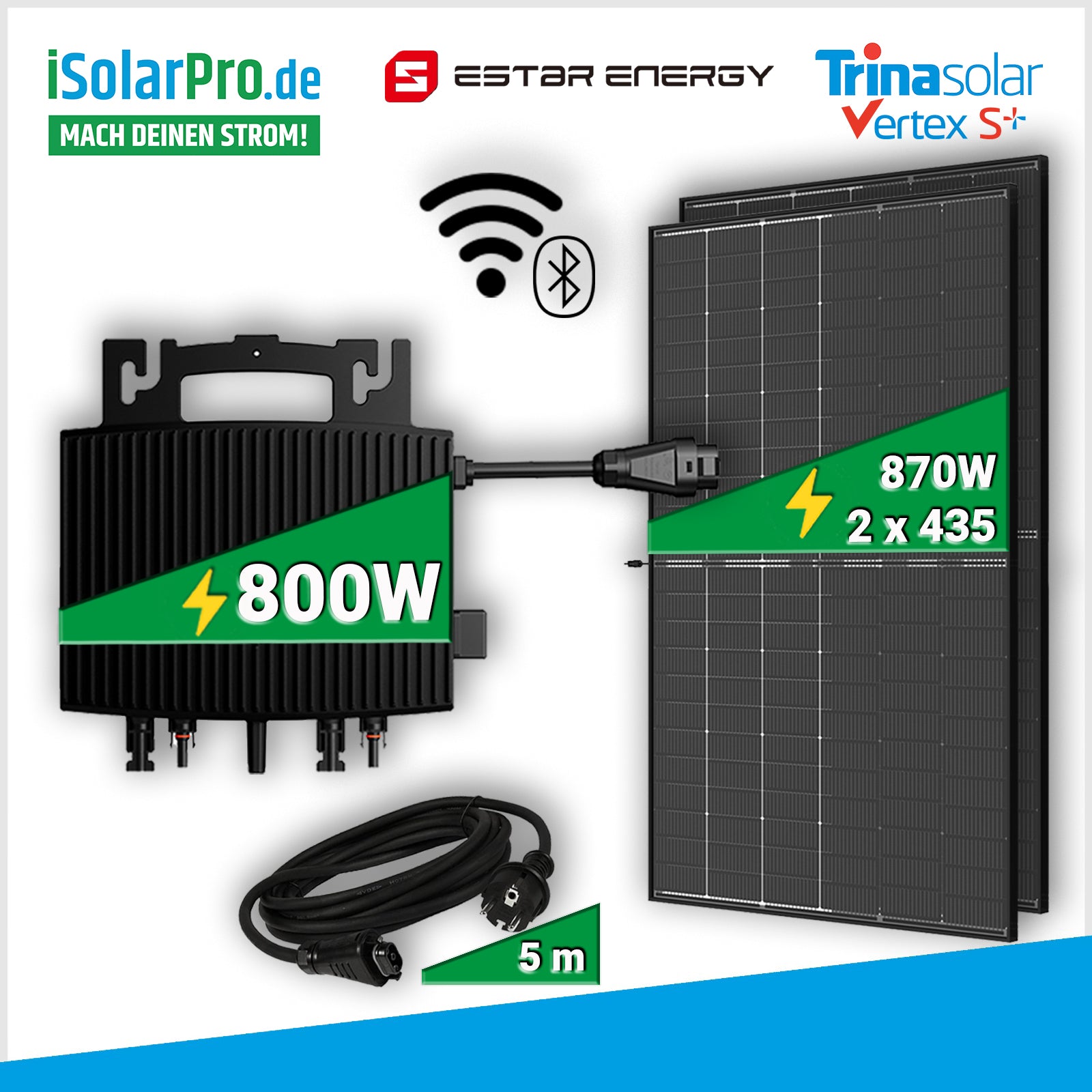 800W Balkonkraftwerk Set 1x ESTAR ENERGY ES-800-W Mikro Wechselrichter + 2x 435W Trina Vertex S+ BIFAZIAL TRANSPARENT Solarmodule