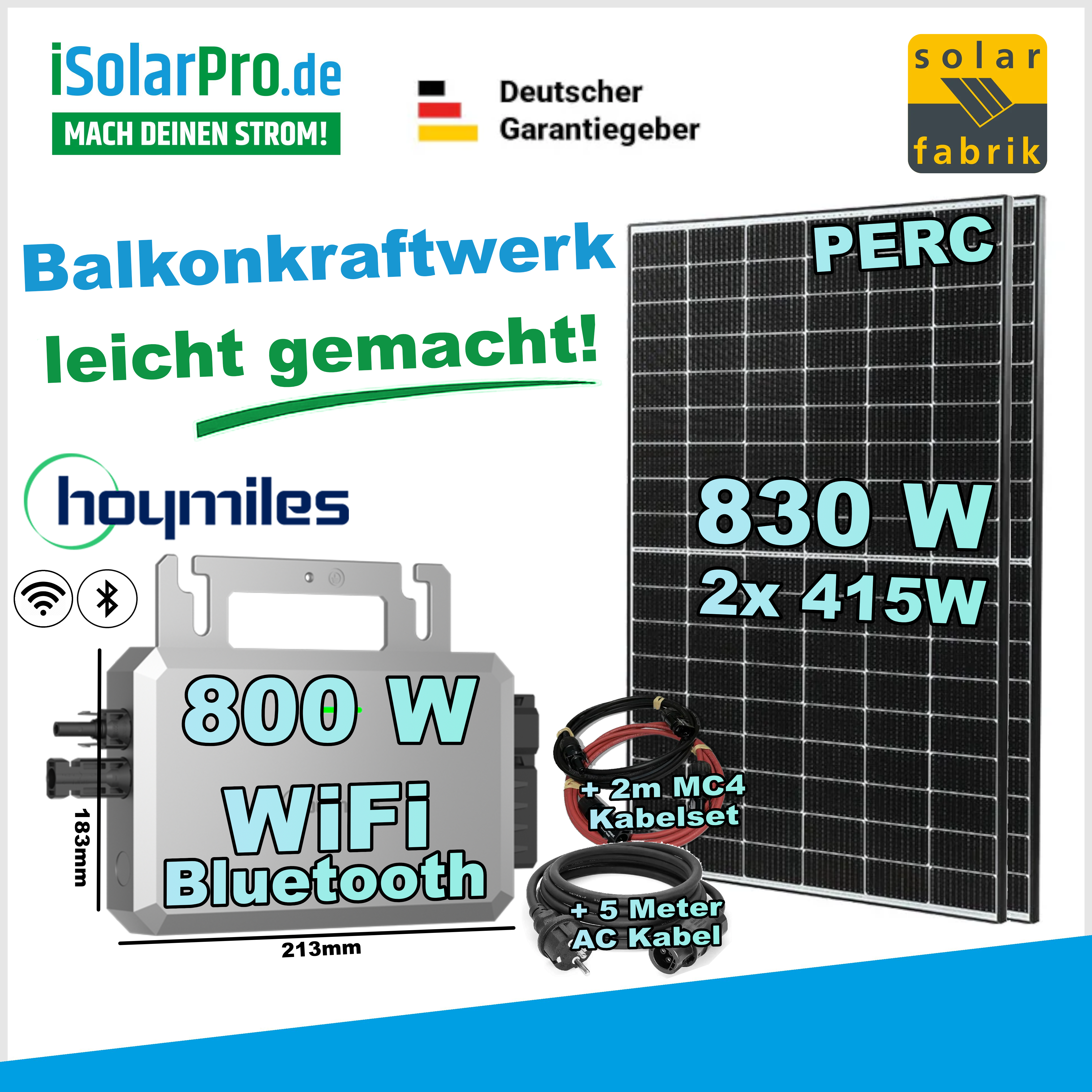 800W / 830W Balkonkraftwerk-Set: 2x 415W Solar Fabrik Mono S4 Solarmodul + 1x Hoymiles HF-800-WB Mikro Wechselrichter inkl. 5m AC-Kabel + 1x 2m MC-4 Verlängerungsset