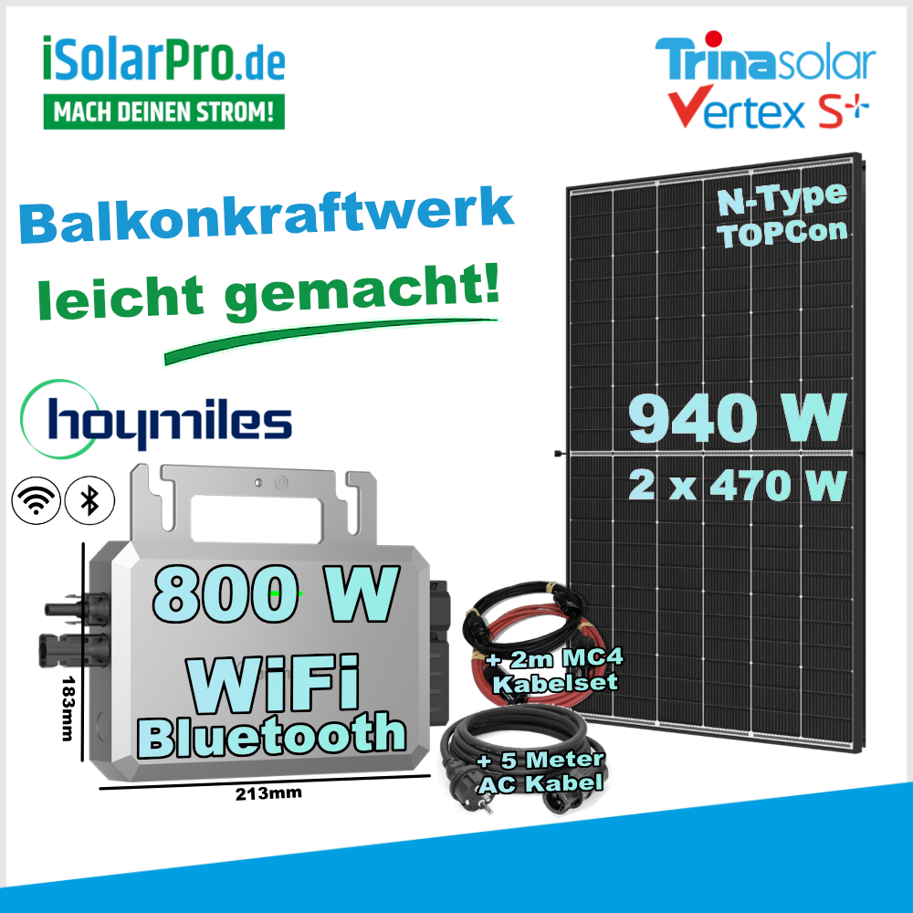 800W | 940Wp Balkonkraftwerk-Set: 2x 470W Trina Vertex S+ Solarmodul + 1x Hoymiles HF-800-WB Mikro Wechselrichter inkl. 5m AC-Kabel + 1x 2m MC-4 Verlängerungsset