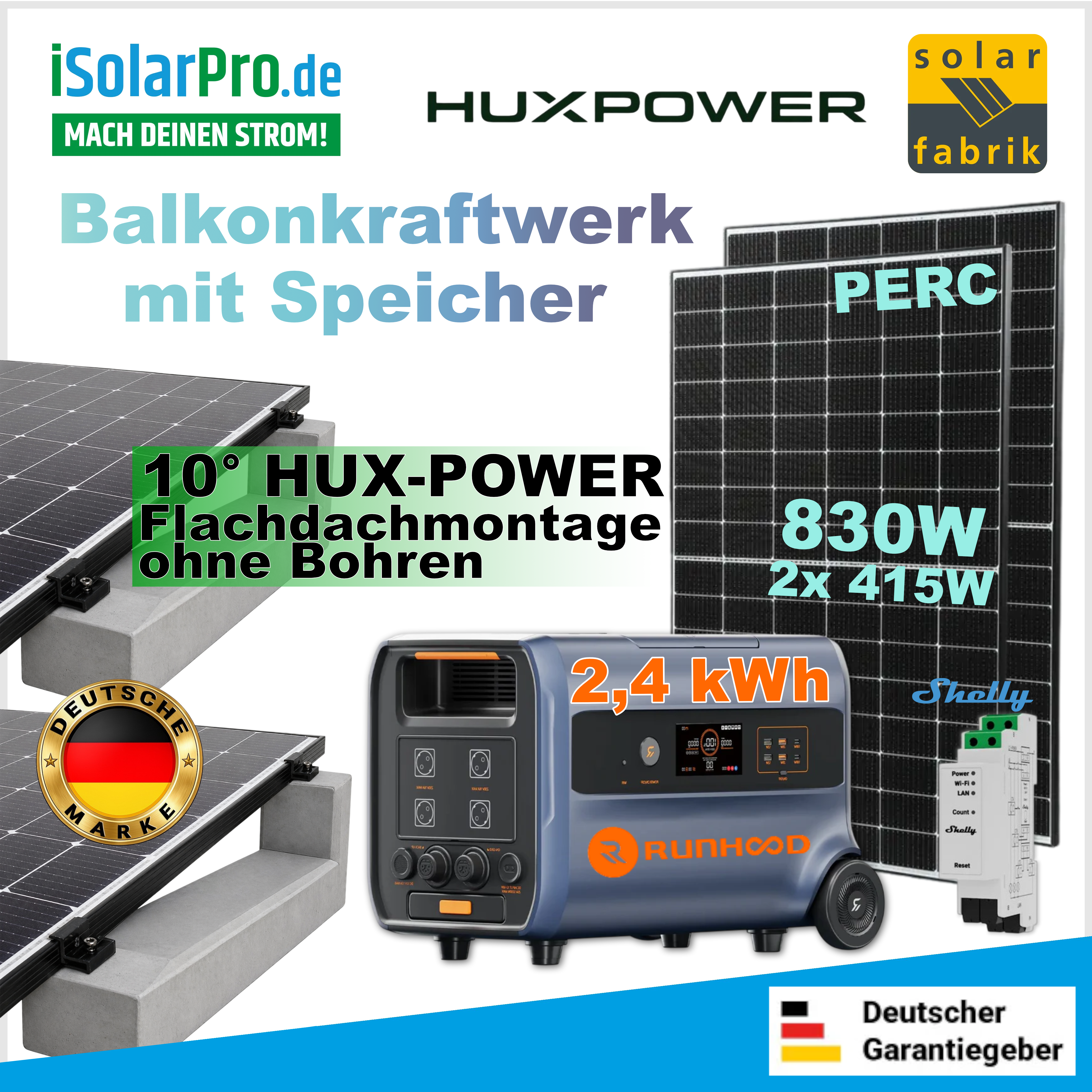 800W Balkonkraftwerk Komplettset mit 2.4kWh RUNHOOD F2400 Powerstation & HUX-POWER® 10°– Flachdachaufständerung + 2x 415W Solar Fabrik Mono S4 Halfcut Solarmodule