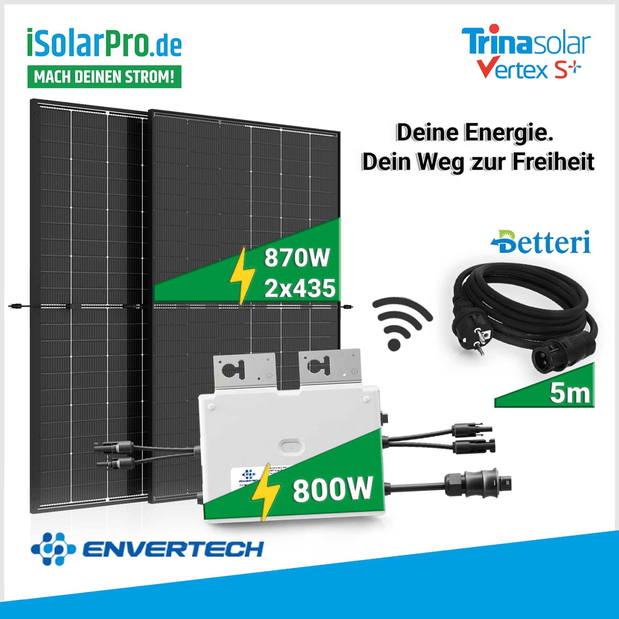 870W/800W Premium Balkonkraftwerk Set – 2× Trina Vertex S+ 435 W Bifazial Doppelglas · Envertech EVT800 · 5 m AC-Kabel