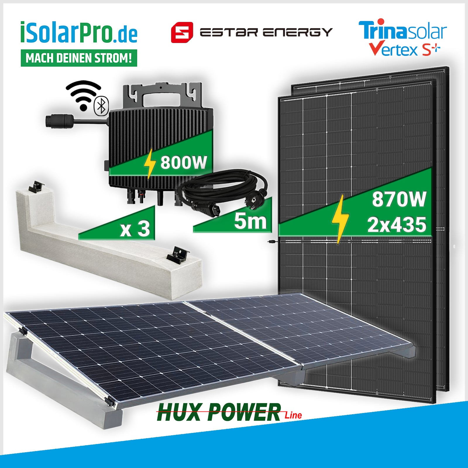 870W Balkonkraftwerk PV-Komplettset · 2× 435W Trina Vertex S+ TRANSPARENT Bifazial Solarmodule · 800 W ESTAR Mikro-Wechselrichter · HUX-POWER® 10° PV- Betonaufständerung für Flachdach