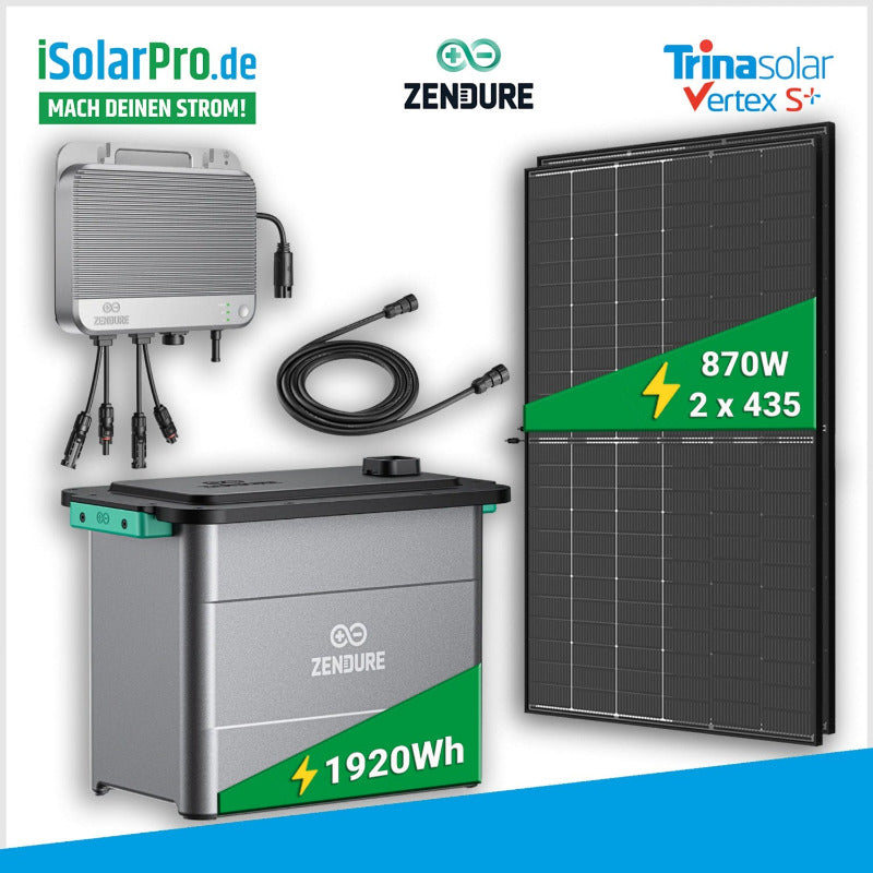 880W Balkonkraftwerk Set Trina 2x435W BIFAZIAL TRANSPARENT DOPPELGLAS+ZENDURE Hybrid-Mikrowechselrichter+1,92kWh Batterie