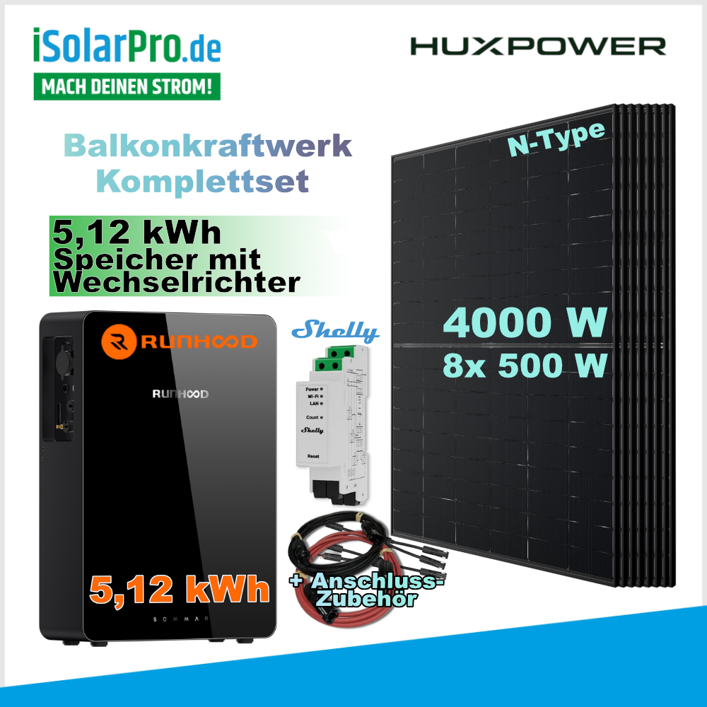 800W | 4000Wp | 5,12kWh RUNHOOD SOMMAR R5200 Balkonkraftwerk-Speicher-Set: 8× 500W HUXPOWER® HPTB500 + Shelly Pro 3EM + PV-Anschlusszubehör