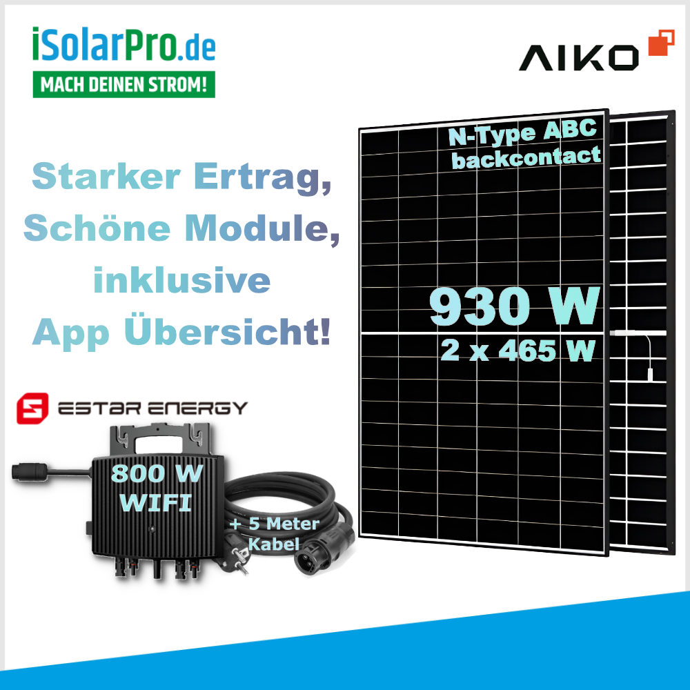 930/ 800W Balkonkraftwerk - Set | 2x 465W AIKO Neostar 2P+ + 800W ESTAR ENERGY ES-800-W Mikro Wechselrichter