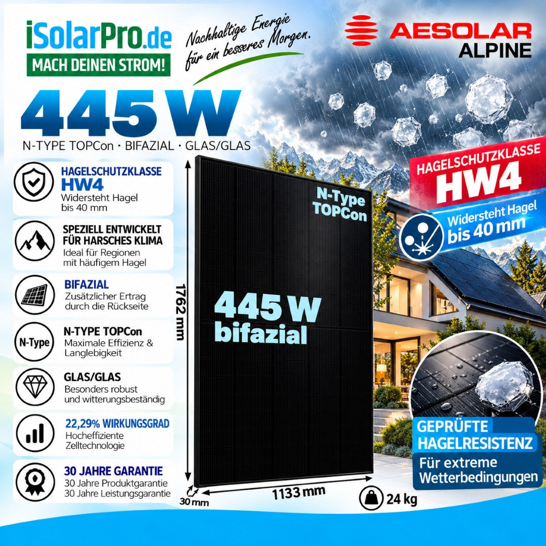 AESOLAR ALPINE CMER-96BDE-I N-Type TOPCon Solarmodul Vollschwarz Doppelglas Hagelschutzklasse HW4