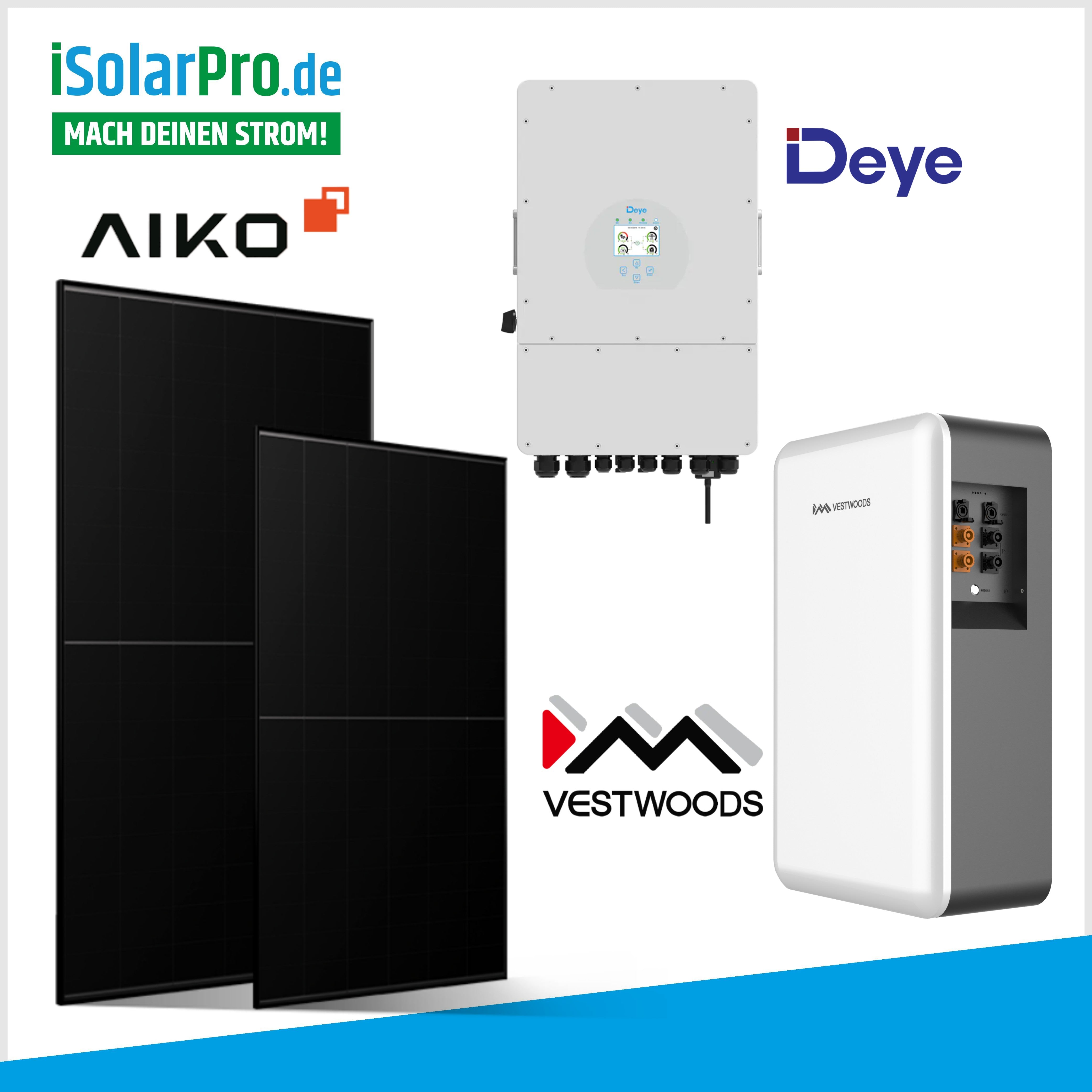 10kW PV-Anlage Set 22x 455W Aiko A-MAH54Db-Doppelglas Full Black Neostar + 10kW Deye Wechselrichter +10 kWh Solarstrombatterie VESTWOODS