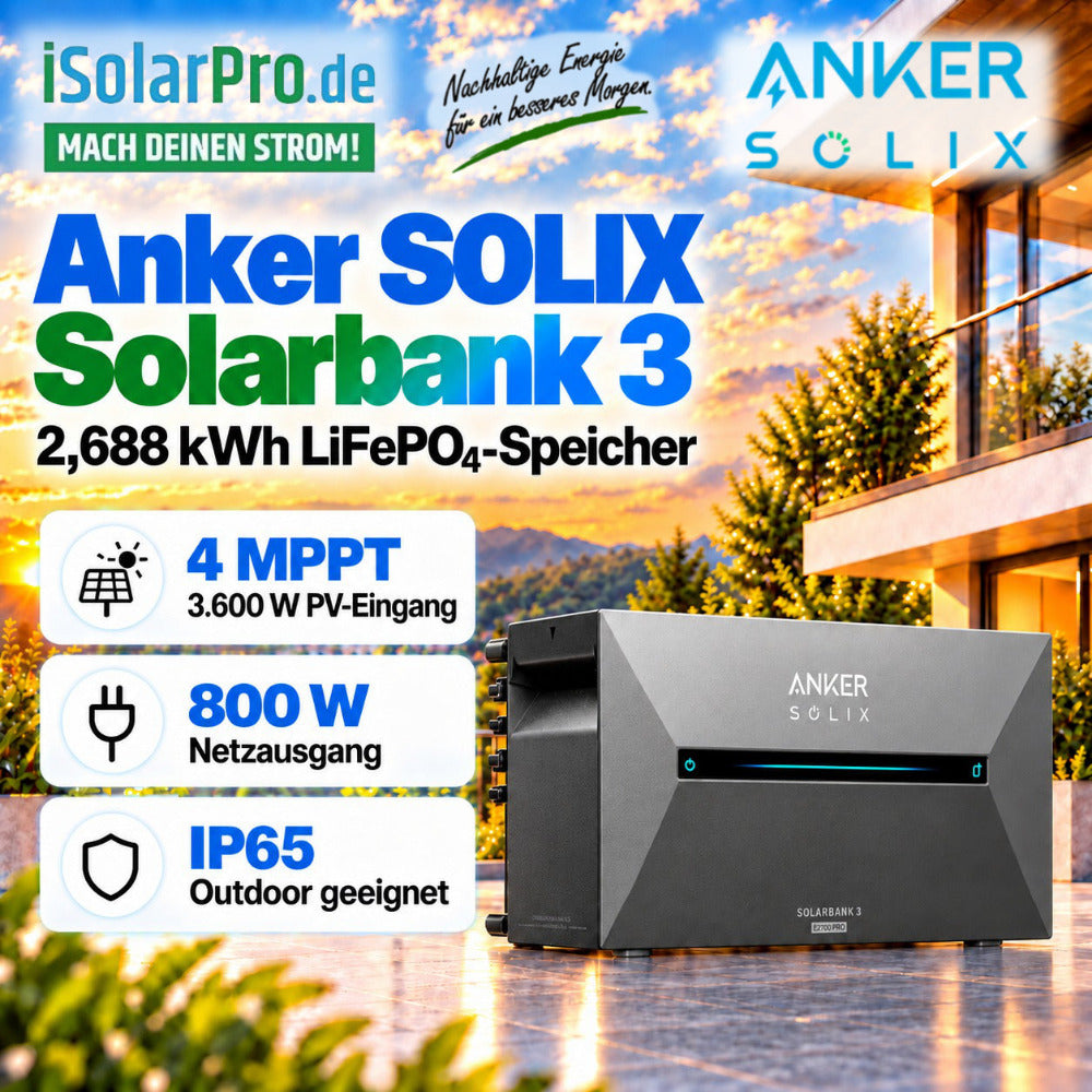 800W | 2000Wp | 2,7kWh ANKER SOLIX 3 Balkonkraftwerk-Set: 4x 500W HUXPOWER® HPTB500 Solarmodul + Solarbank 3 E2700 Pro + Smart Meter
