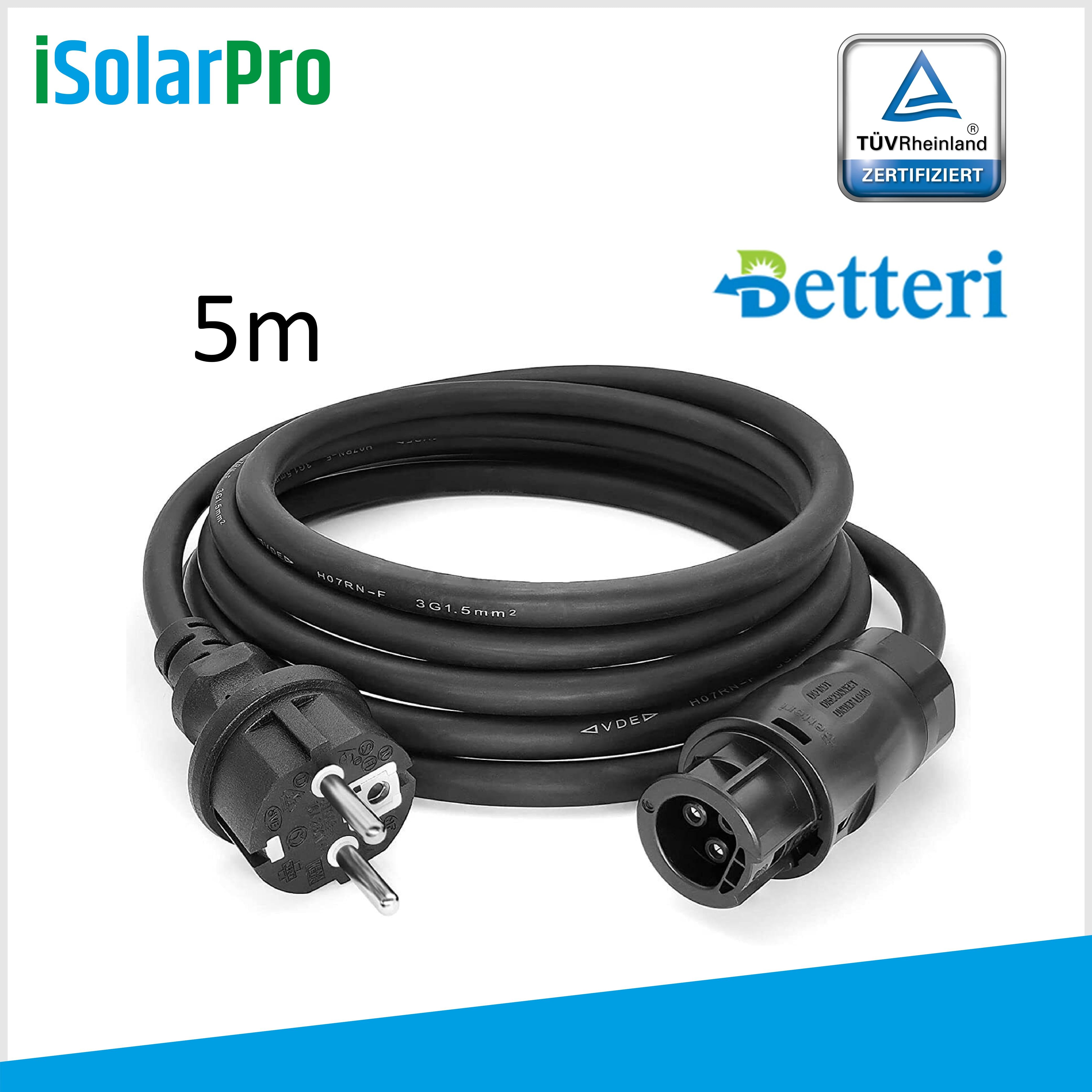 Connection cable 5 meters with Betteri coupling and Schuko plug AC connection cable inverter 