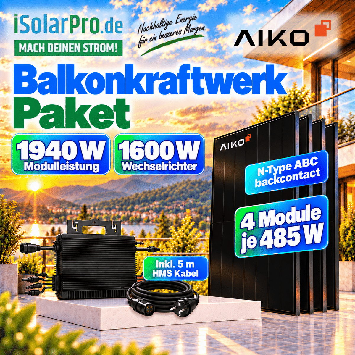 1600W | 1940Wp Balkonkraftwerk Komplettset mit 4x 485W AIKO Neostar 3P+ 54 A-MCE54Dw · 1600W Hoymiles Mikro Wechselrichter HMS-1600-4T +5m HMS Kabel + 4x 2m MC4 Verlängerungsset