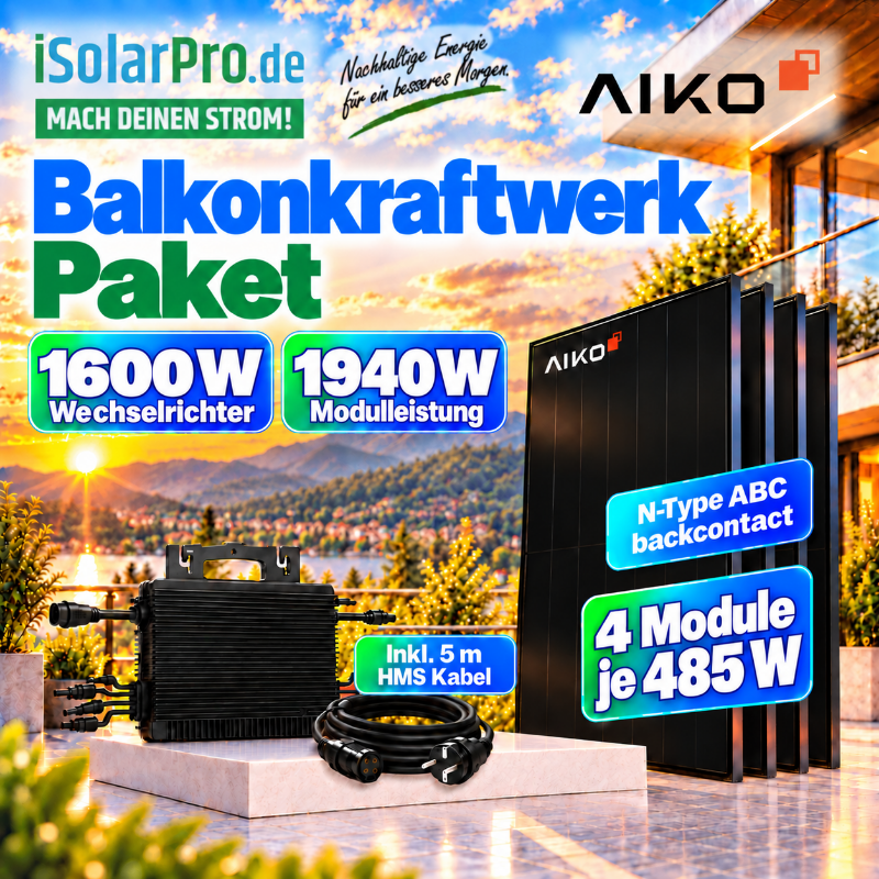 1600W | 1940Wp Balkonkraftwerk Komplettset mit 4x 485W AIKO Neostar 3P+ 54 A-MCE54Dw · 1600W Hoymiles Mikro Wechselrichter HMS-1600-4T +5m HMS Kabel + 4x 2m MC4 Verlängerungsset