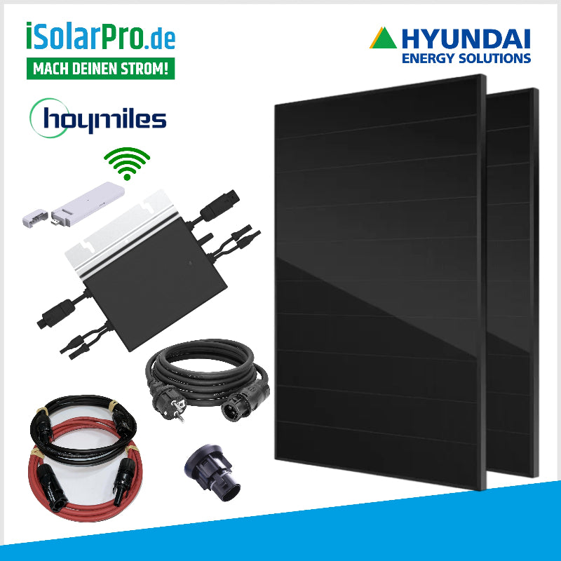 830/600W Balkonkraftwerk - Set 2x 415W HYUNDAI SHINGLED FULL BLACK Solarmodule + 600W Hoymiles Wechselrichter