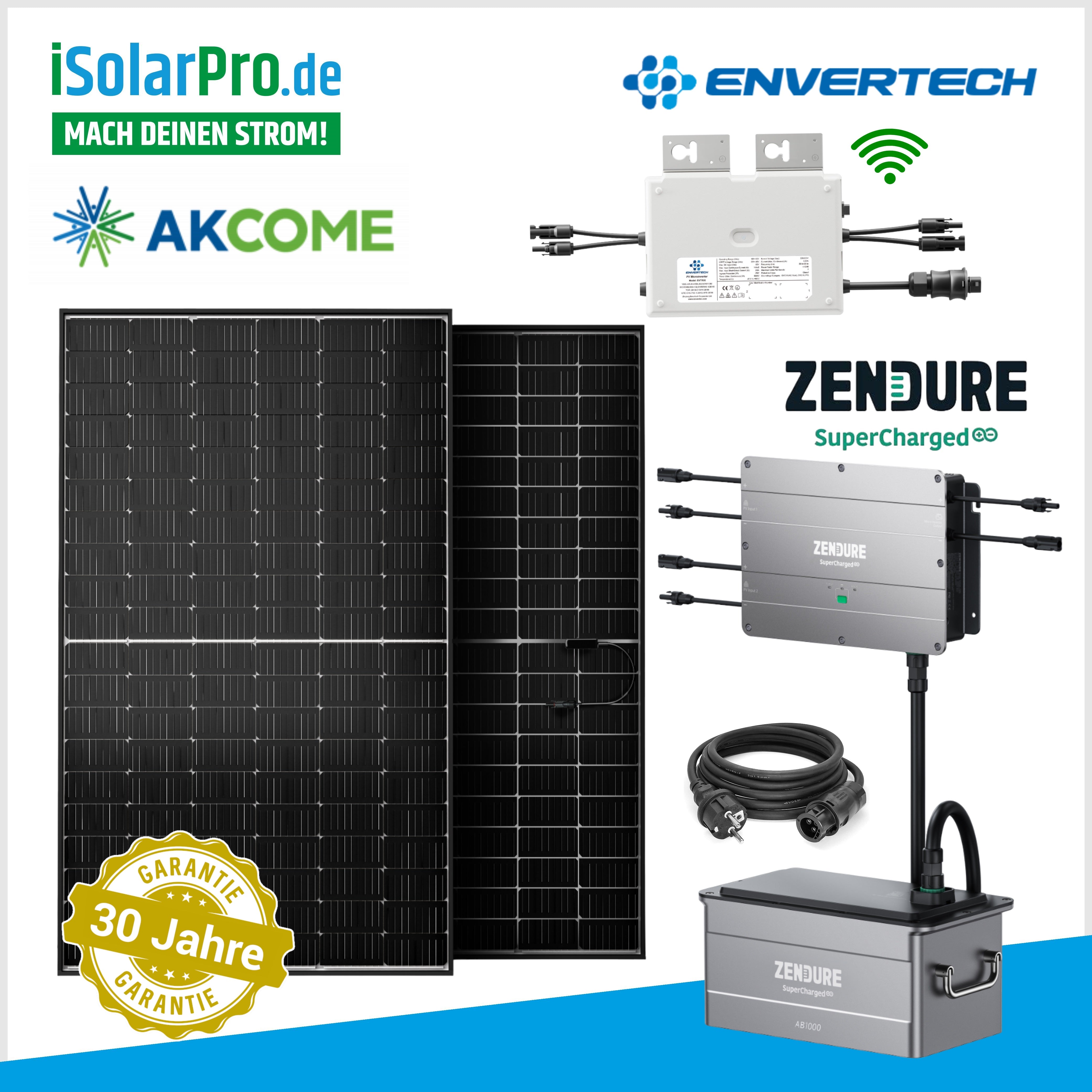 800/800W Balkonkraftwerk Komplettset mit ZENDURE Speichersystem 2x 400W HJT N-Type Doppelglas Solarmodule + 800W ENVERTECH Wechselrichter