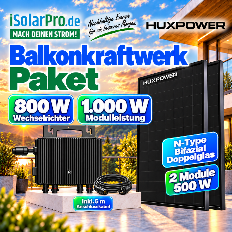 800W | 1000Wp Balkonkraftwerk-Set: 2x 500W HUXPOWER® HPTB500 Solarmodul + 1x ESTAR ENERGY ES-800-W Mikro Wechselrichter