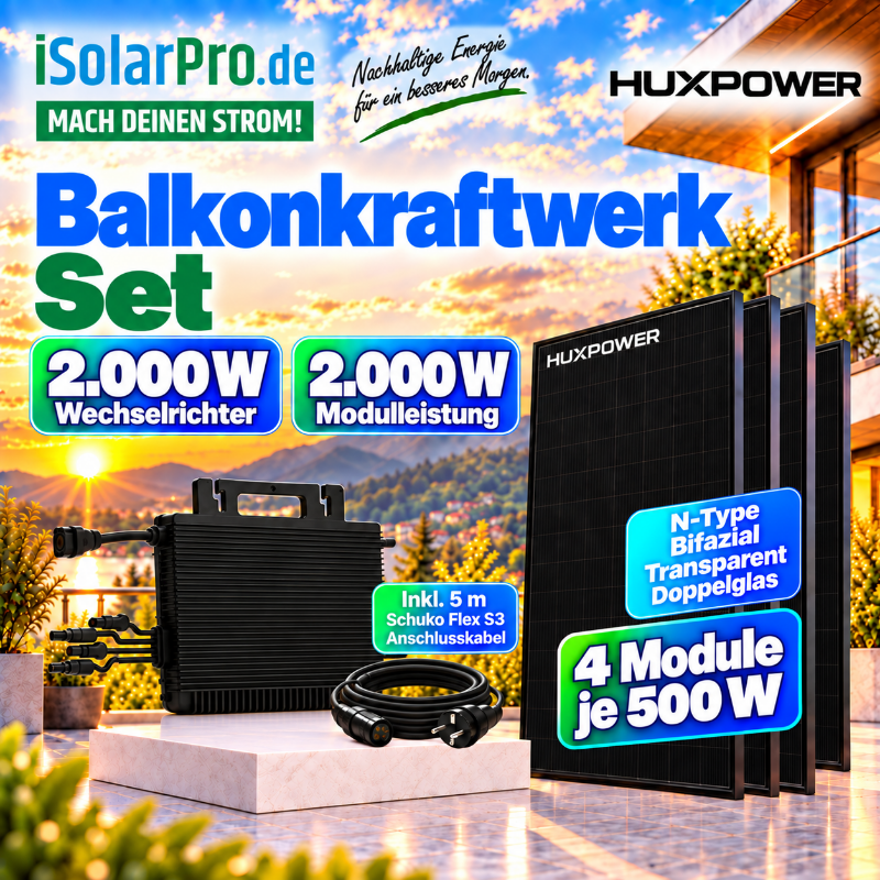 2000W | 2000Wp Balkonkraftwerk Komplettset mit 4x 500W HUXPOWER® HPTB500 · Hoymiles HMS-2000-4WB WiFi inkl. 5m Flex S3 Anschlusskabel 