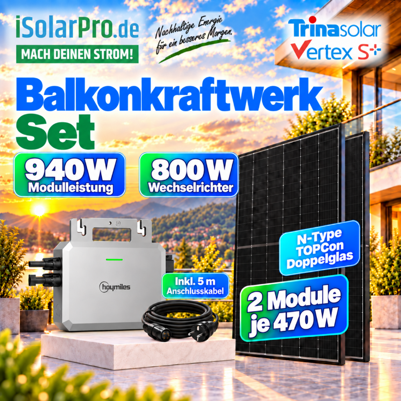 800W | 940Wp Balkonkraftwerk-Set: 2x 470W Trina Vertex S+ Solarmodul + 1x Hoymiles HF-800-WB Mikro Wechselrichter inkl. 5m AC-Kabel + 1x 2m MC-4 Verlängerungsset