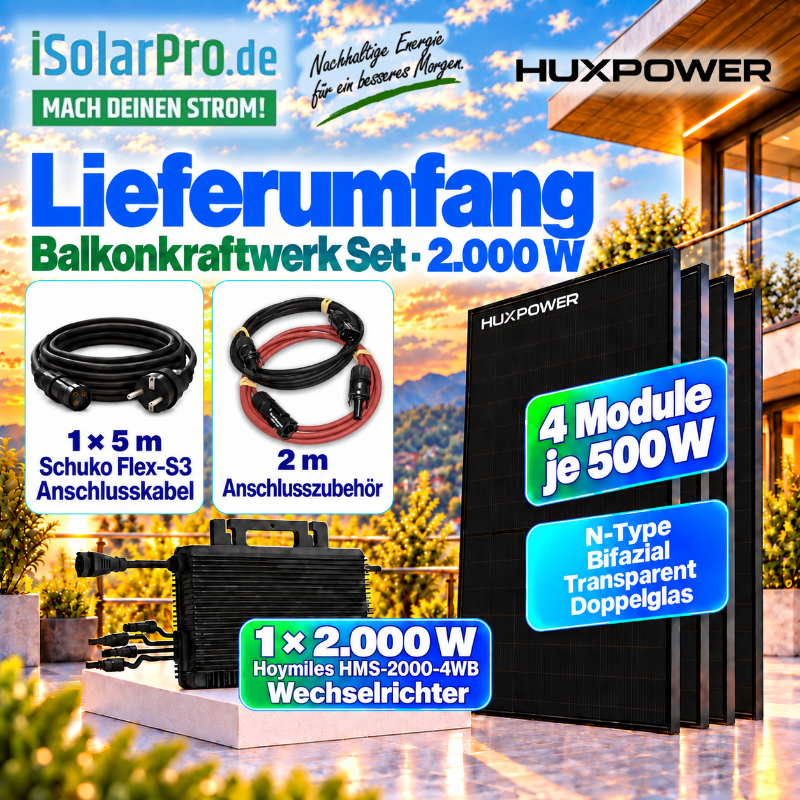2000W | 2000Wp Balkonkraftwerk Komplettset mit 4x 500W HUXPOWER® HPTB500 · Hoymiles HMS-2000-4WB WiFi inkl. 5m Flex S3 Anschlusskabel