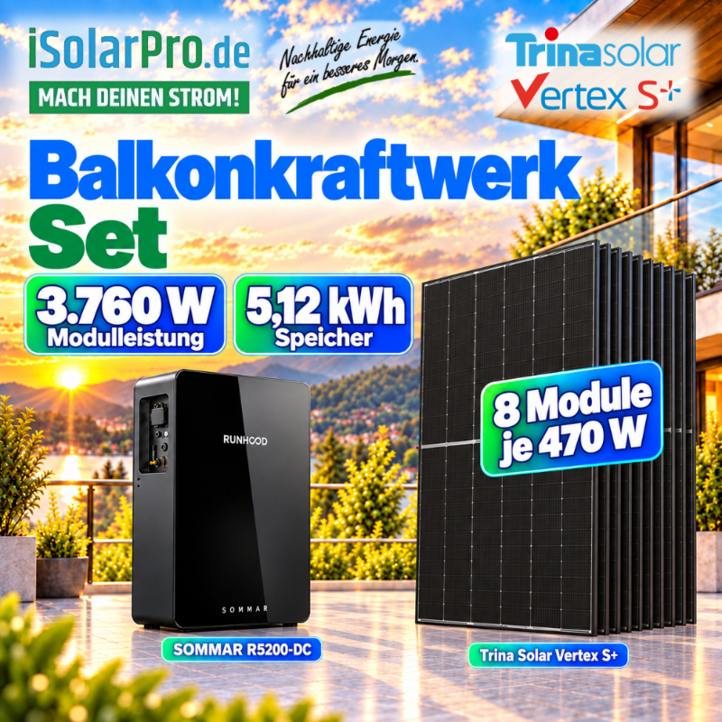 800W | 3.76kWp Steckerfertiges RUNHOOD Balkonkraftwerk-Komplettset mit 5,12 kWh Speicher | 8x Trina 470W | HUXPOWER® Flachdachmontage | komplett inkl. Zubehör