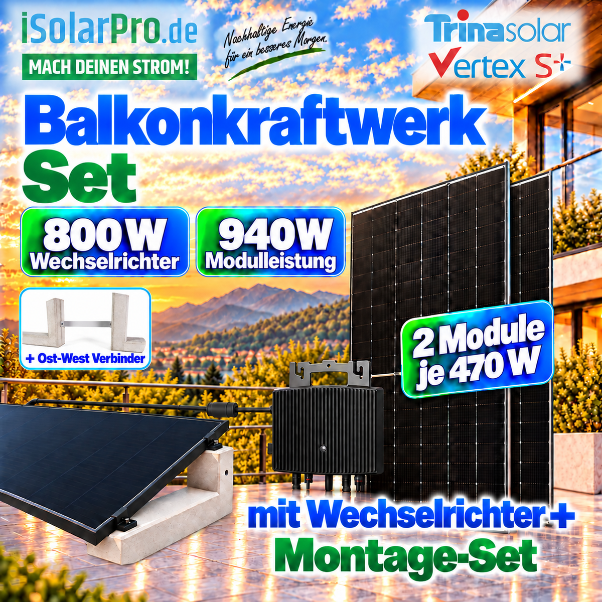 940W | 800Wp Balkonkraftwerk-Set – steckerfertig: 2x 470W Trina Solar Vertex S+® Solarmodul + 1x ESTAR ENERGY ES-800-W Mikro Wechselrichter + HUX-POWER® 10° – Flachdachaufständerung für 2-Solarmodule im Ost-West Aufbau