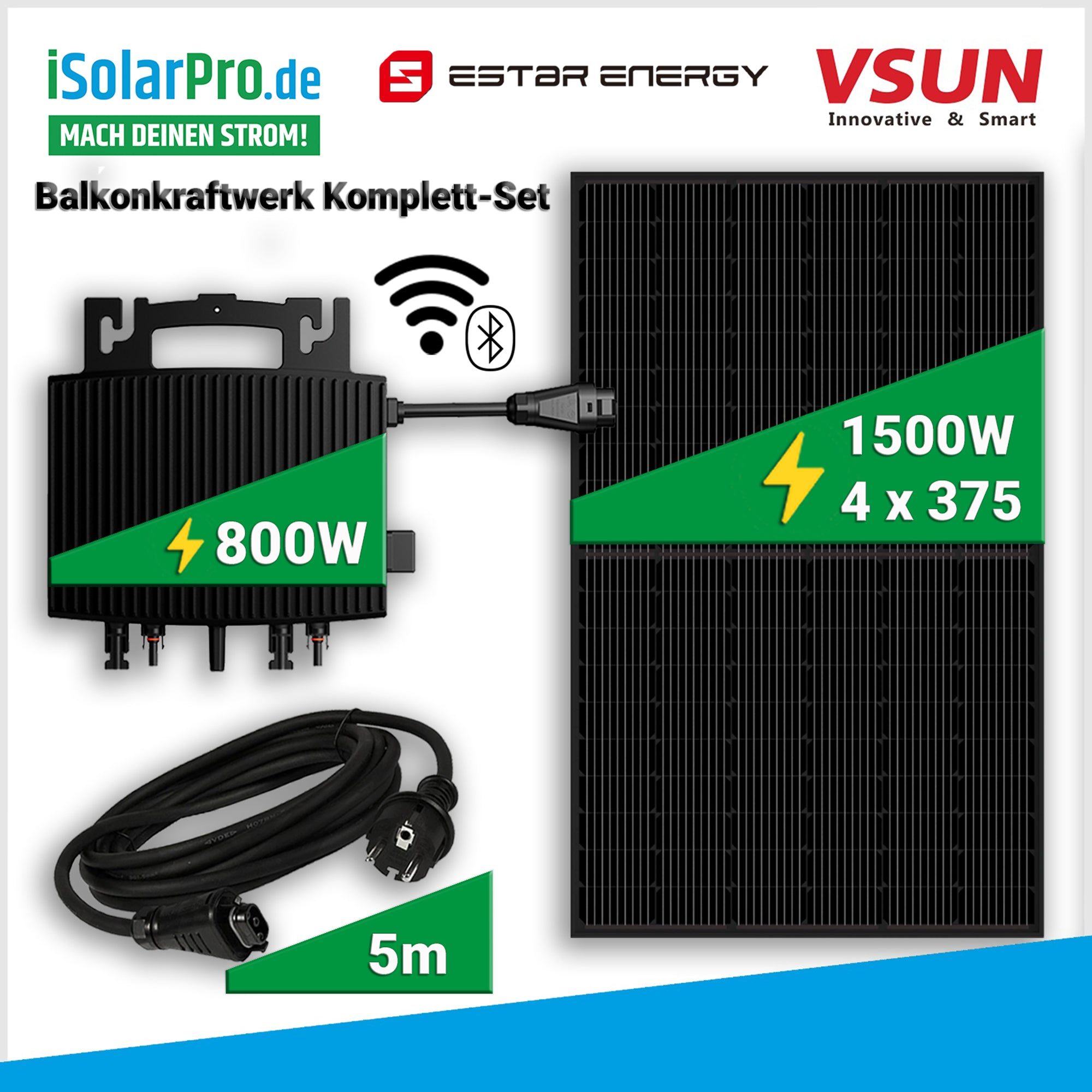 1500W/800W Balkonkraftwerk Set: 4× VSUN 375W Solarmodule + ESTAR ENERGY ES-800W Mikroinverter + Zubehör