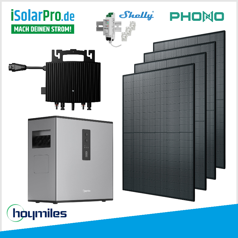 800W/2240kWh Balkonkraftwerk mit Hoymiles Batterie + 4x 405W PHONO Solarmodule + Wechselrichter + Smartmeter