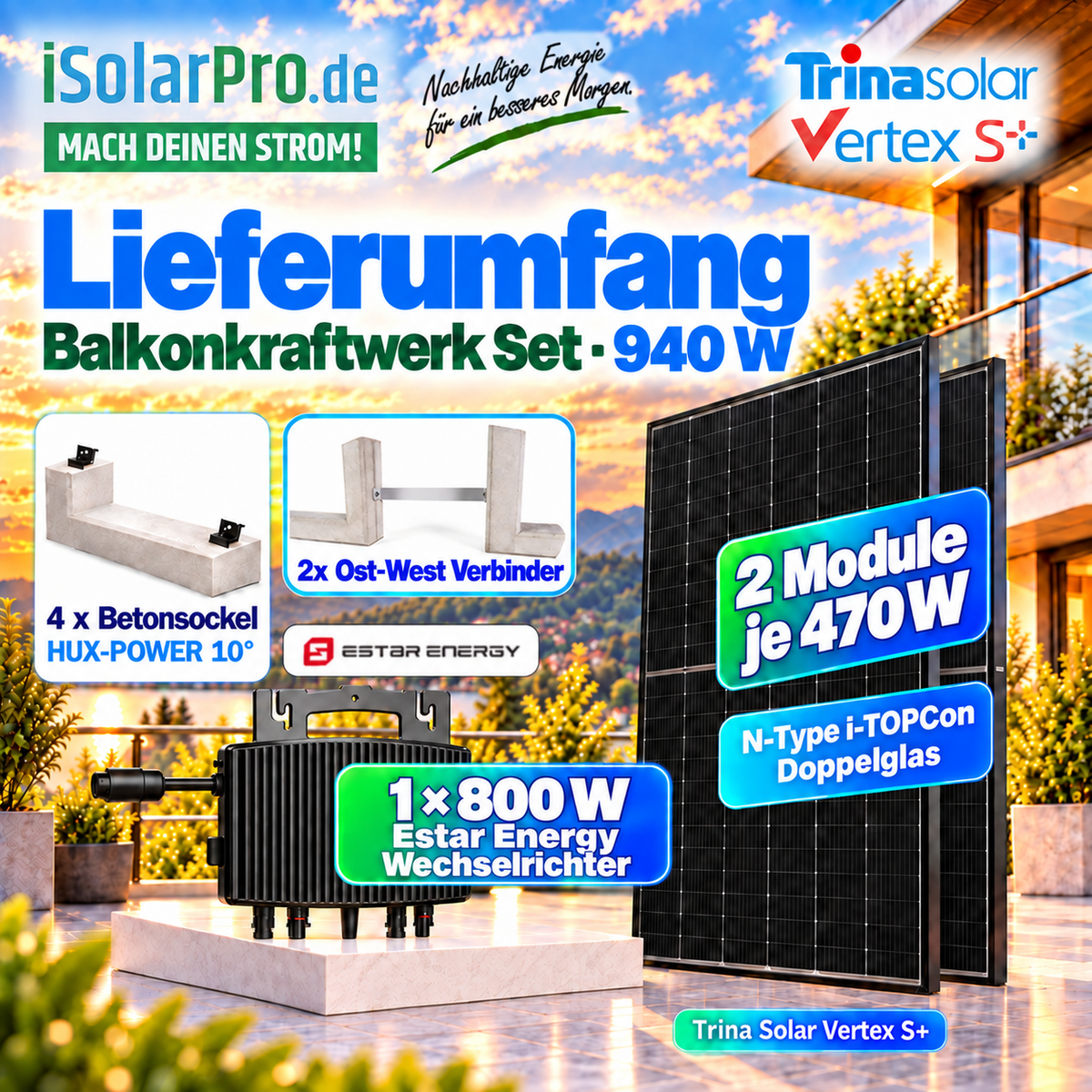940W | 800Wp Balkonkraftwerk-Set – steckerfertig: 2x 470W Trina Solar Vertex S+® Solarmodul + 1x ESTAR ENERGY ES-800-W Mikro Wechselrichter + HUX-POWER® 10° – Flachdachaufständerung für 2-Solarmodule im Ost-West Aufbau