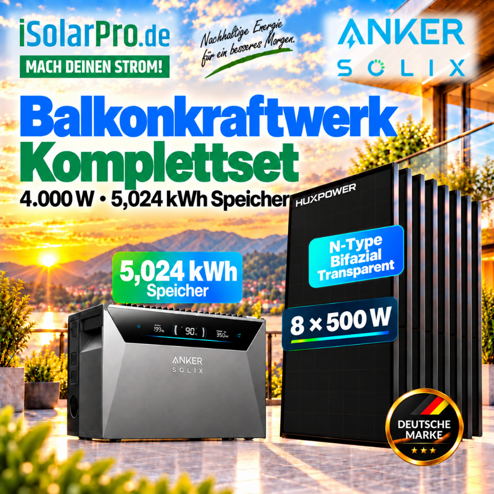 800W | 4000Wp | 5kWh ANKER SOLIX 4 Erweiterbares Balkonkraftwerk-Set: 8x 500W HUXPOWER® HPTB500 Solarmodul + Solarbank 4 E5000 Pro + Smart Meter Gen 2