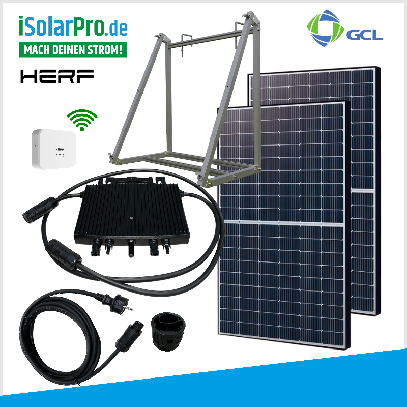 820/800W Balkonkraftwerk - Set 2x410W GCL M10/54H Solarmodule Monokristalline + 800W HERF Wechselrichter + 2x HUX-WIND 2.0 Balkonkraftwerk universal Solarmodul-Halterung