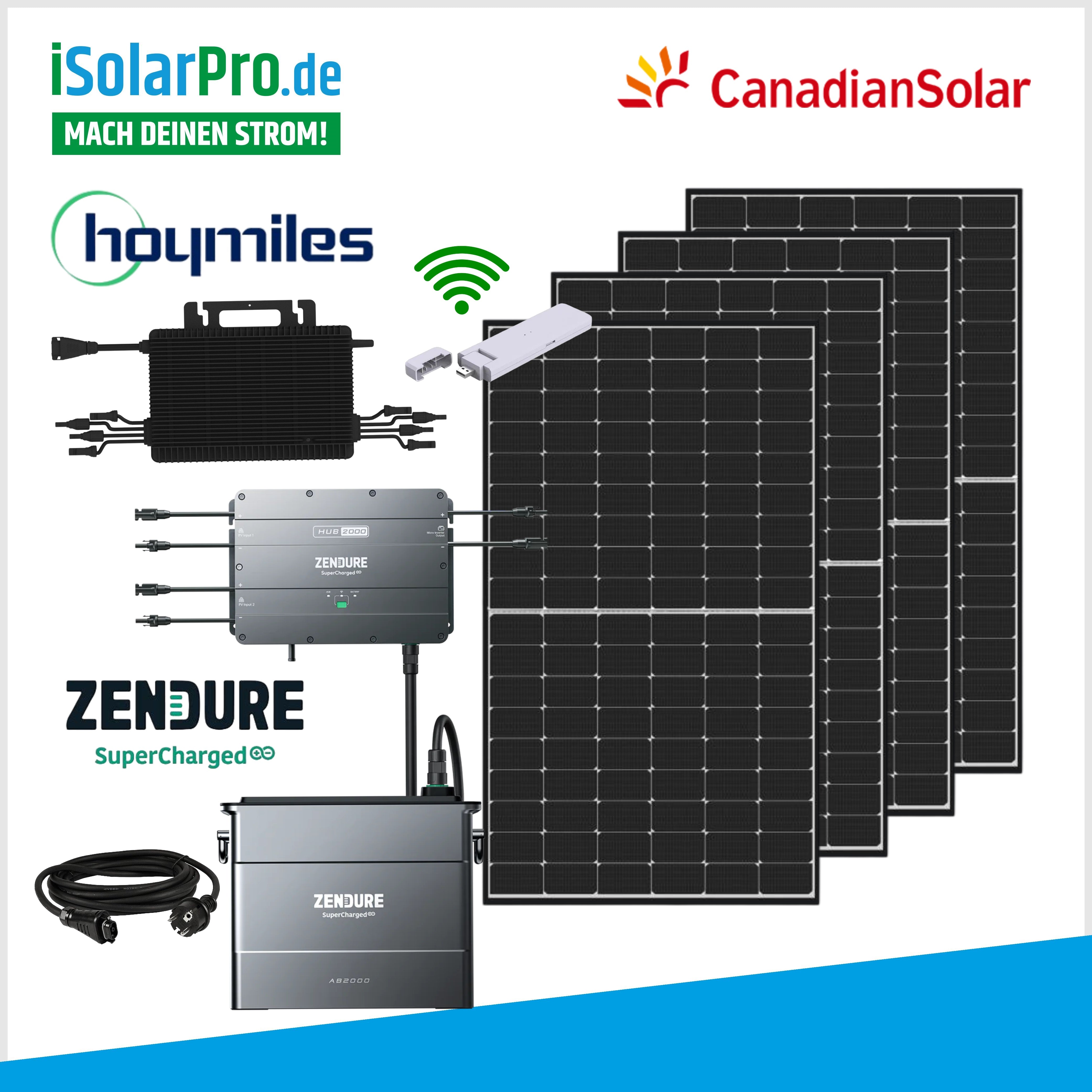 1760/1600W Balkonkraftwerk-Set mit 1.9kWh ZENDURE Solarspeicher / 4x CanadianSolar 440W + 1600W Hoymiles Wechselrichter + WiFi-Stick