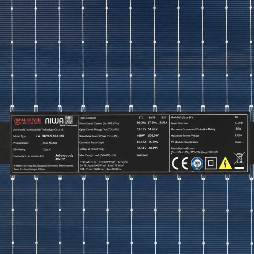 460W Jolywood JW-HD96N-R2 · GLAZED BLACK · J-TOPCon · N-Type · bifazial · Glas/Glas · Full Black · 1500 V · 1762x1134x30mm Solarpanel Solarmodul Photovoltaik