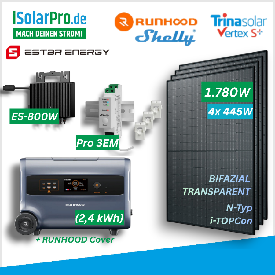 1780W Balkonkraftwerk 445W Trina Vertex S+ mit RUNHOOD 2,4kWh + Shelly Pro 3EM + ESTAR 800W Wechselrichter