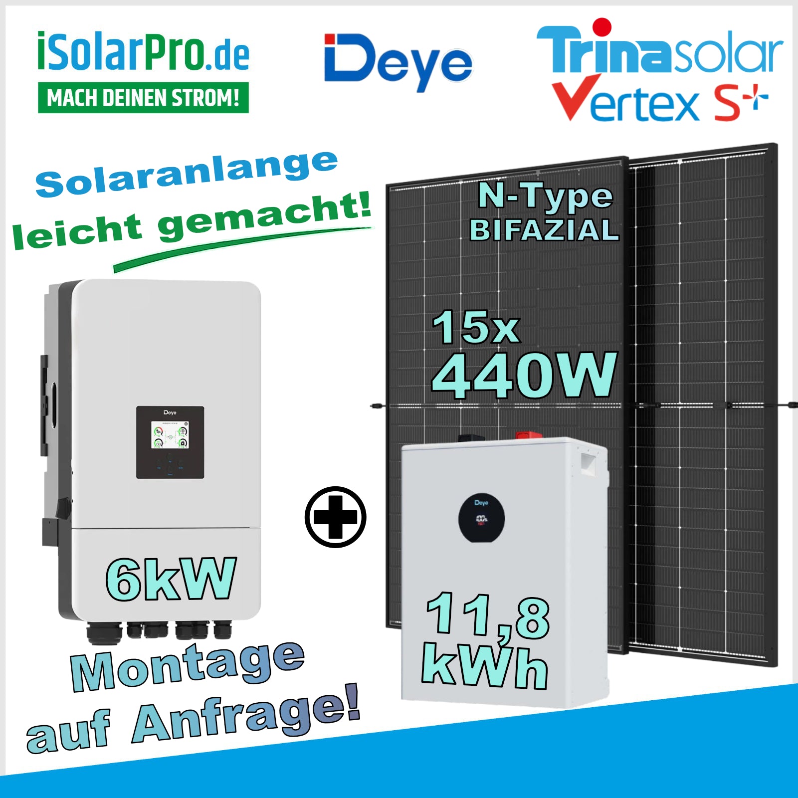 6kW PV-Komplettset: 15x 440W Trina Vertex S+ bifazial TRANSPARENT + Deye 6kW Hybridwechselrichter + Deye 11,8kWh Batteriespeicher