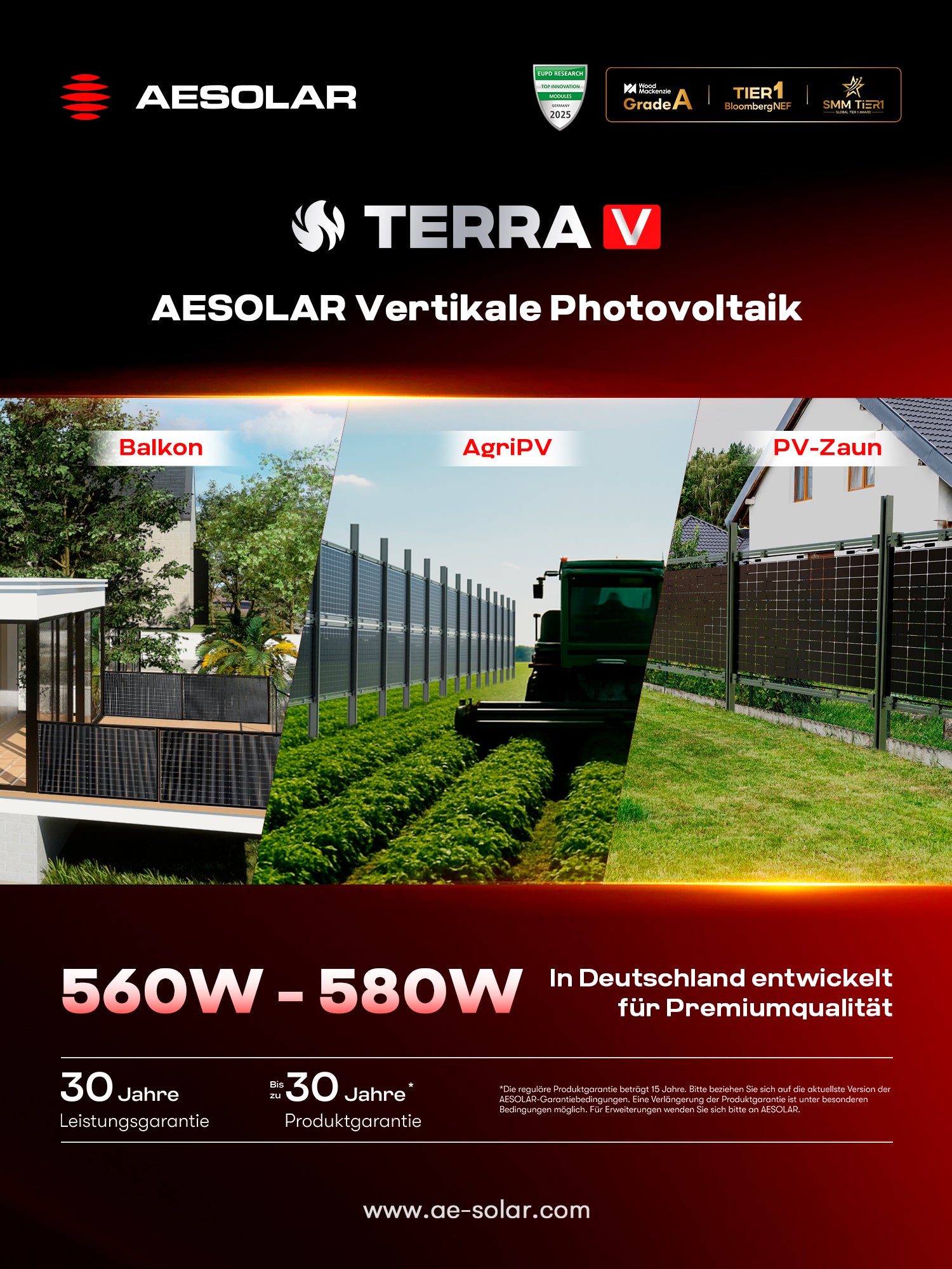 590W AESOLAR Terra V AE CMD-L144BD · N-Type TOPCon · bifazial · Glas/Glas · 1500 V · 2282x1190x30 mm · Solarpanel Solarmodul Photovoltaik Solarzaun