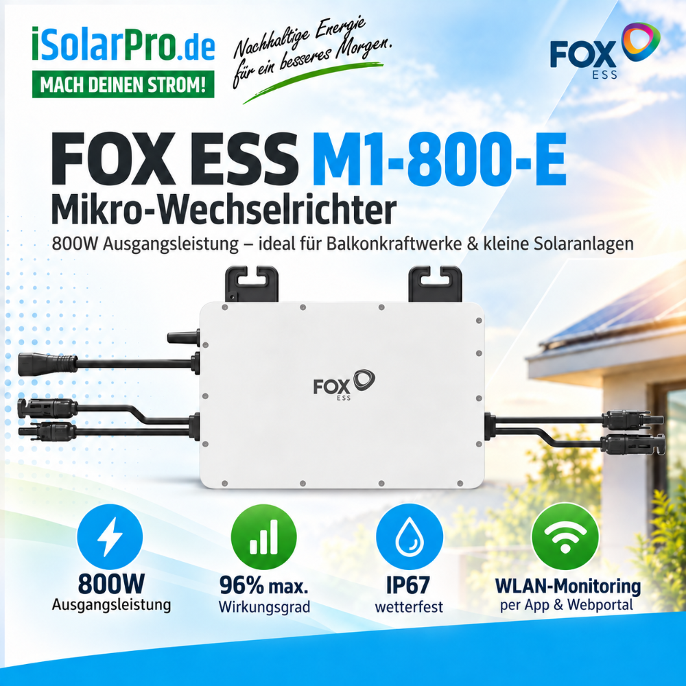 800W | 900Wp Balkonkraftwerk - Set | 2x 450W Hyundai HiT-H450CE-BF + 800W FOX ESS M1-800-E Mikro Wechselrichter + 5m Kabel + HUXPOWER® 3.0 Balkonkraftwerk universal Solarmodul-Halterung